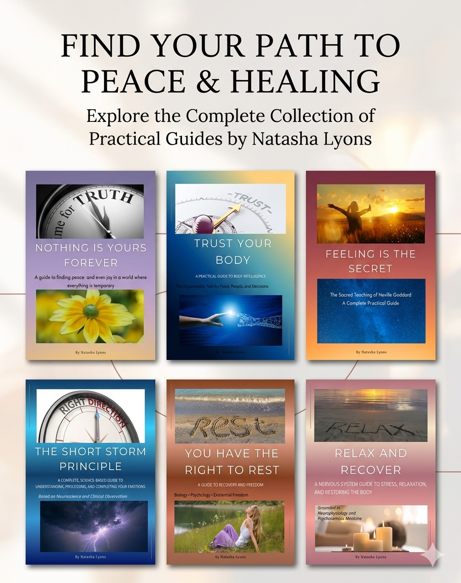 Display of six book covers titled 'Find Your Path to Peace & Healing' by Natasha Lyons. The covers feature various themes related to peace, trust, feeling, spiritual guidance, rest, and recovery, with images of clocks, flowers, sunset, storm, and relaxing scenery.