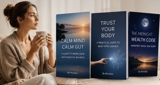 A woman sitting on a couch holding a mug, looking at three books about mental health and personal development.