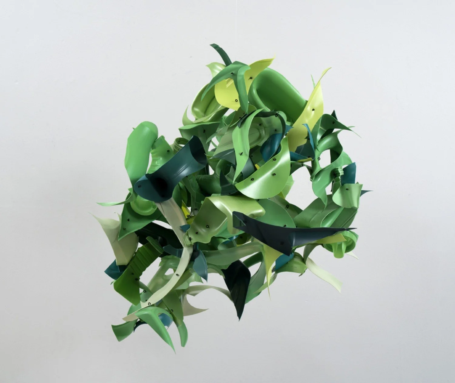 Suspended sculpture made with repurposed plastic bottles