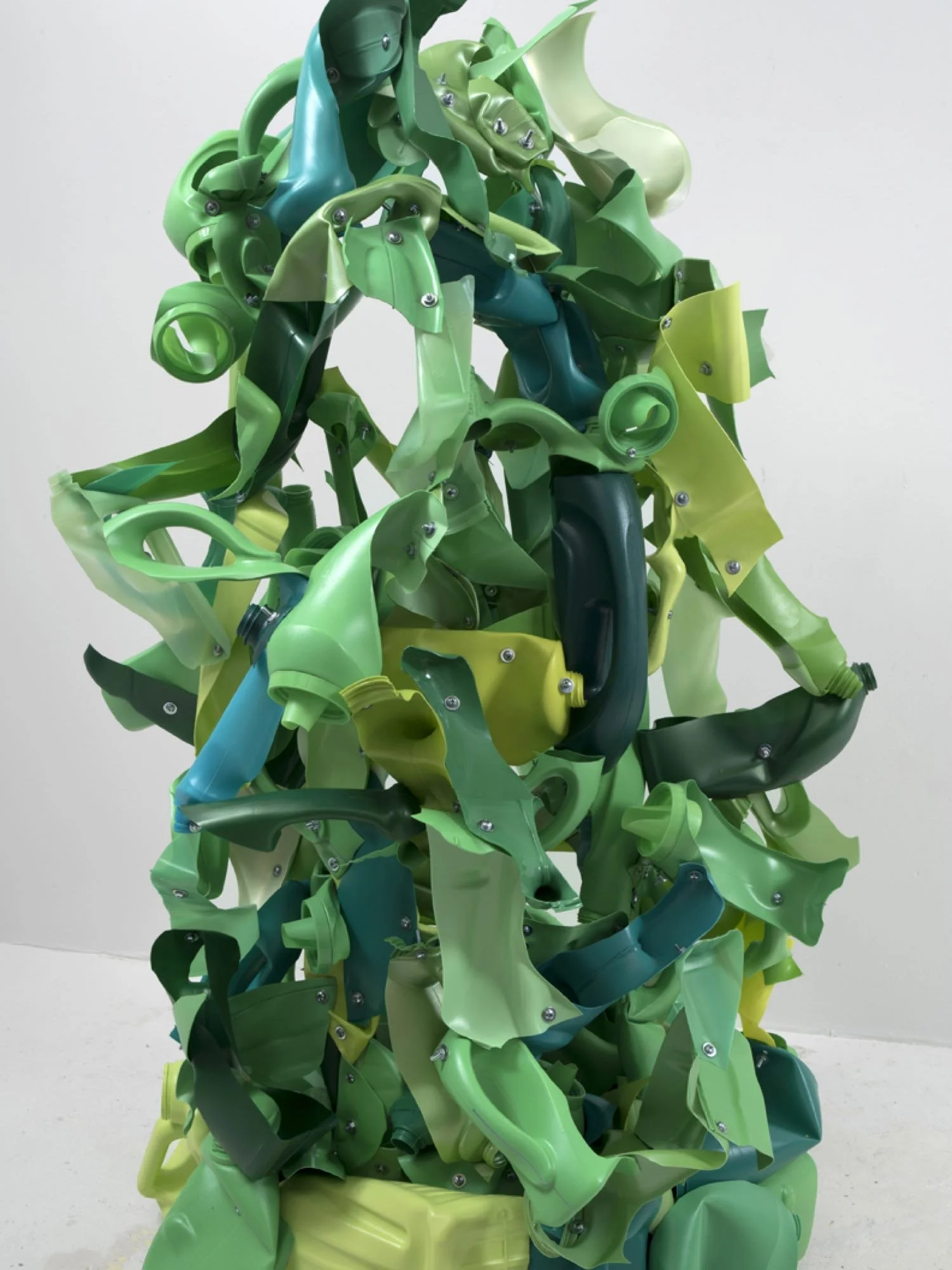 Standing sculpture made from repurposed plasitc bottles