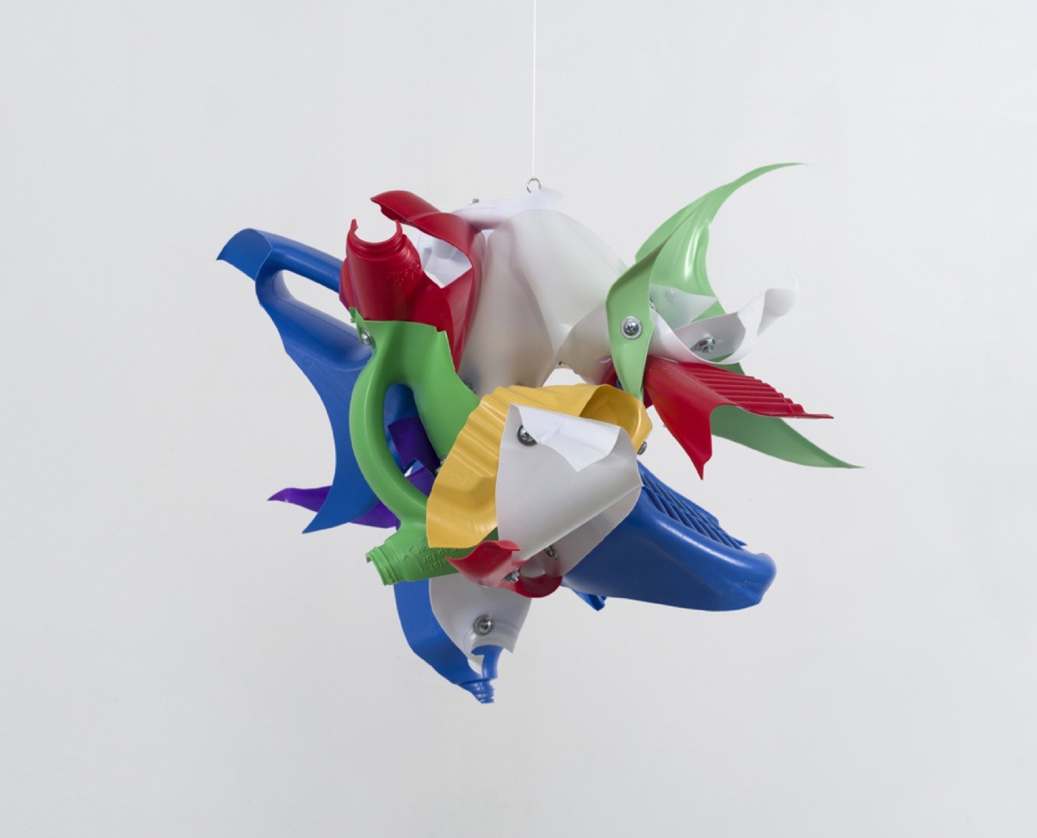 Suspended sculpture made from repurposed plastic bottles