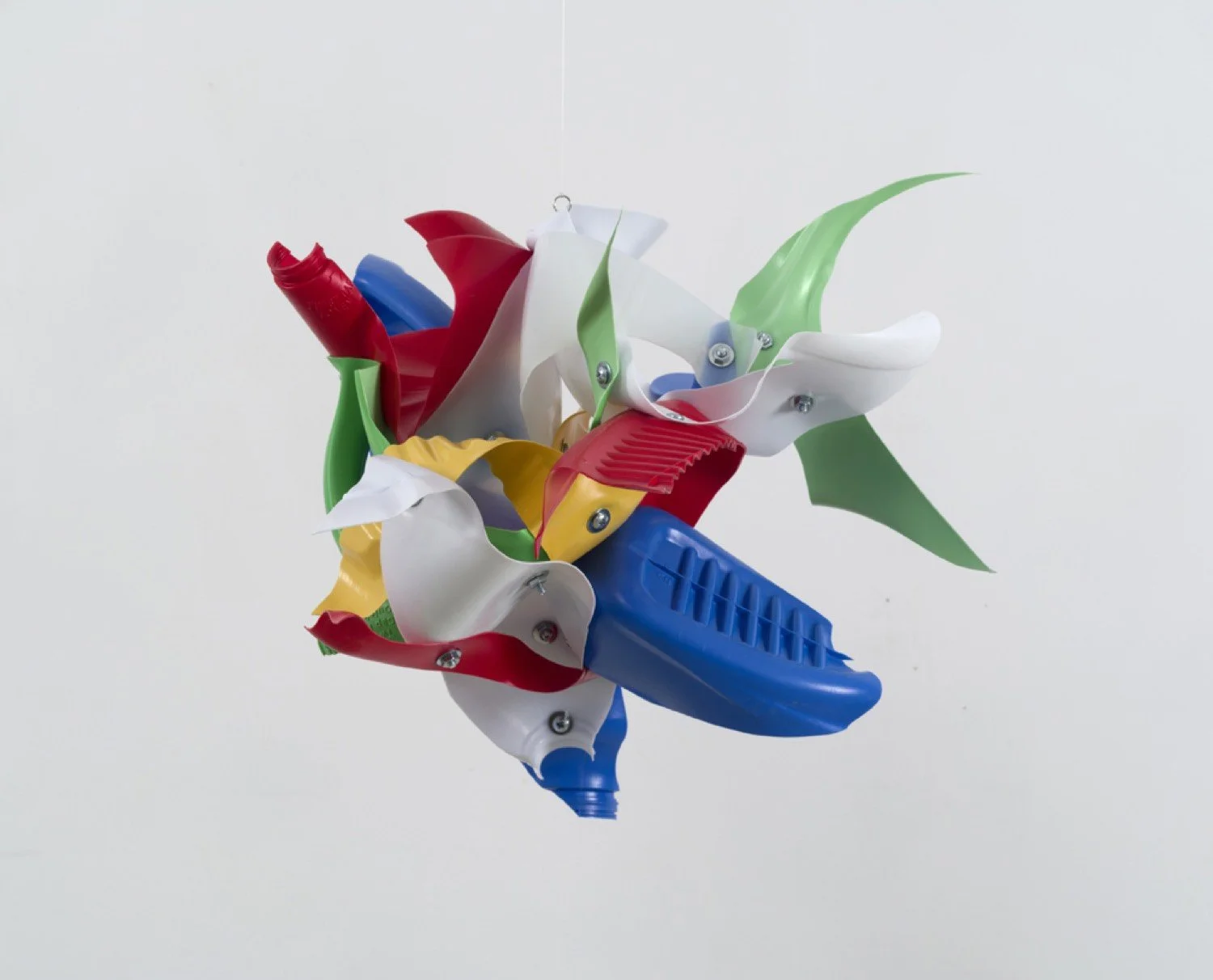 Suspended sculpture made from repurposed plastic bottles