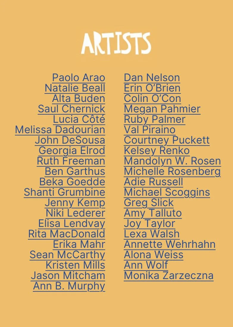 List of artists' names on a yellow background, with the heading 'ARTISTS' in white, stylized font at the top.