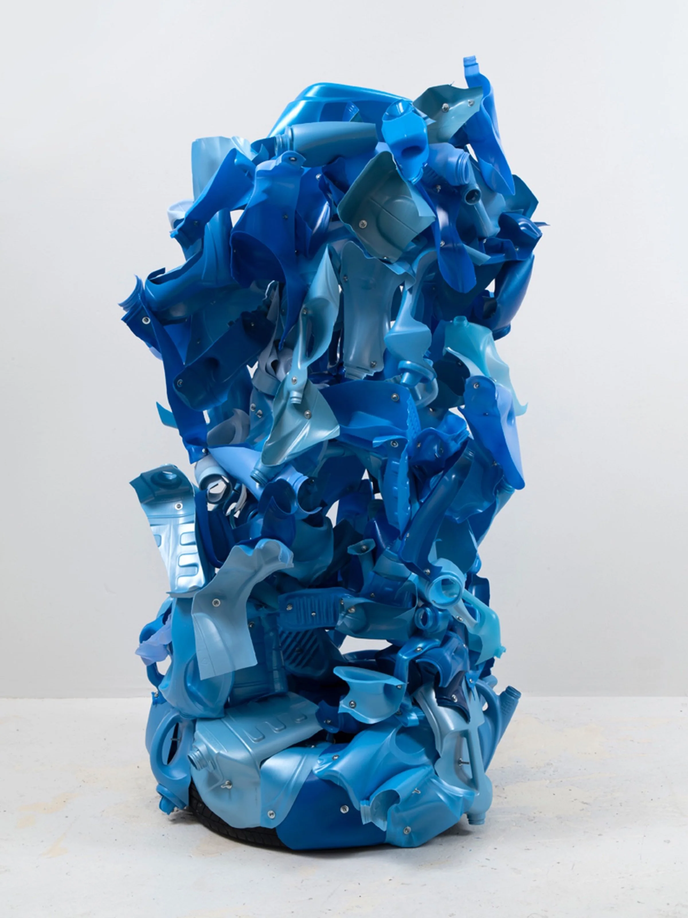 Standing sculpture made from repurposed plastic bottles