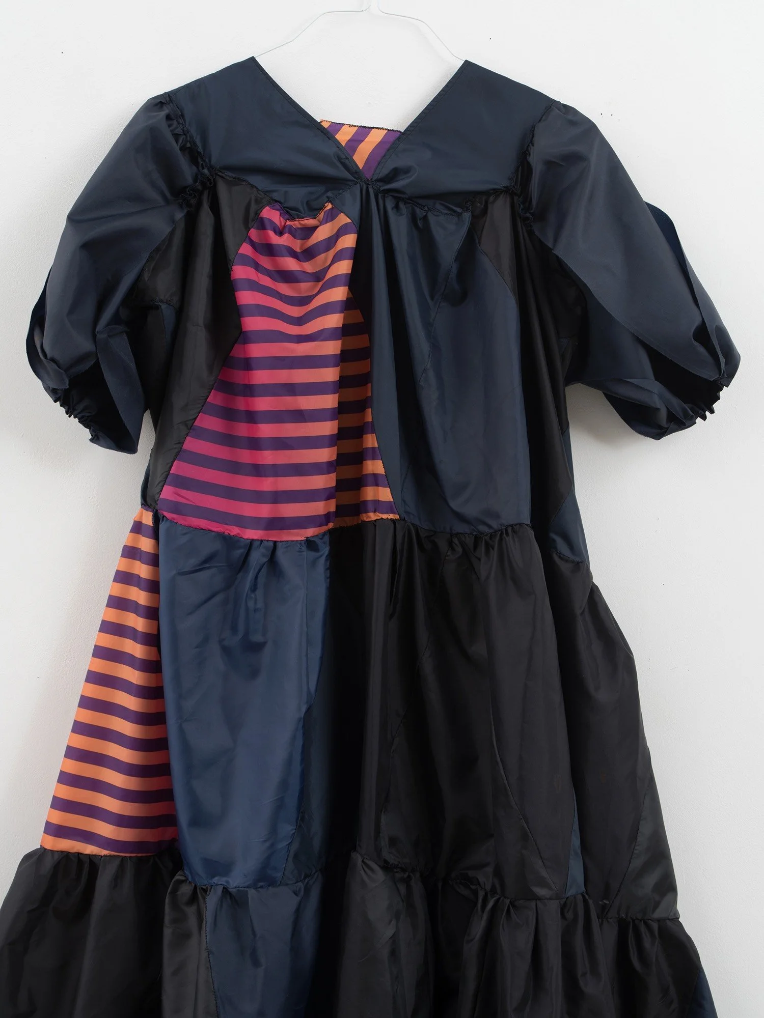 Multicolored gown made from umbrella canopies and nylon thread