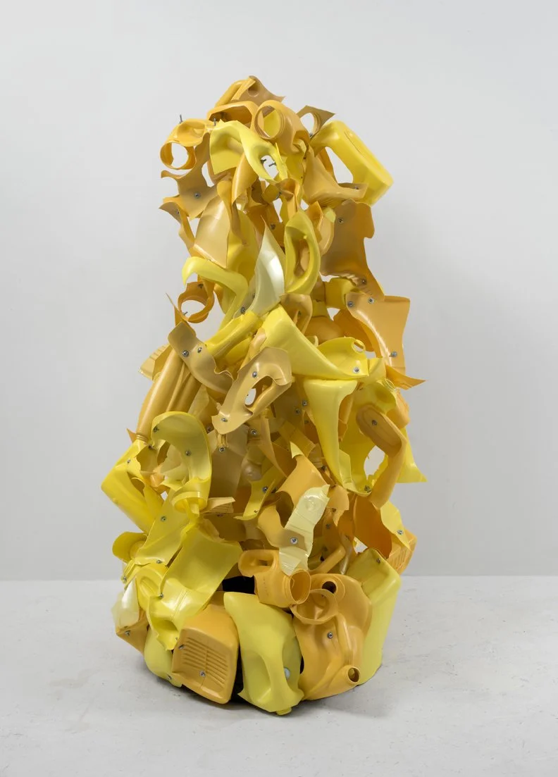 Standing sculpture made from repurposed plastic bottles