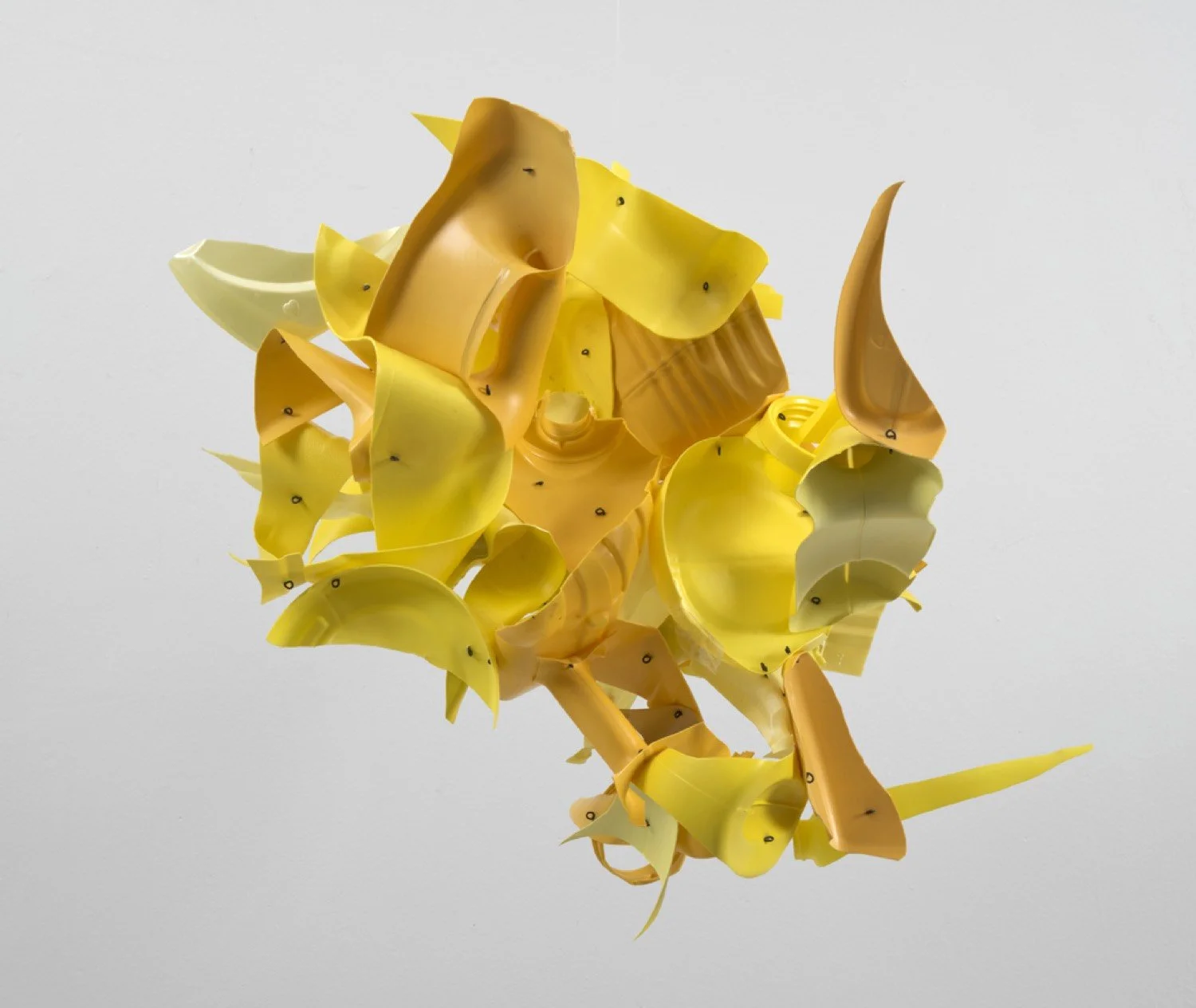 Suspended sculpture made with repurposed plastic bottles