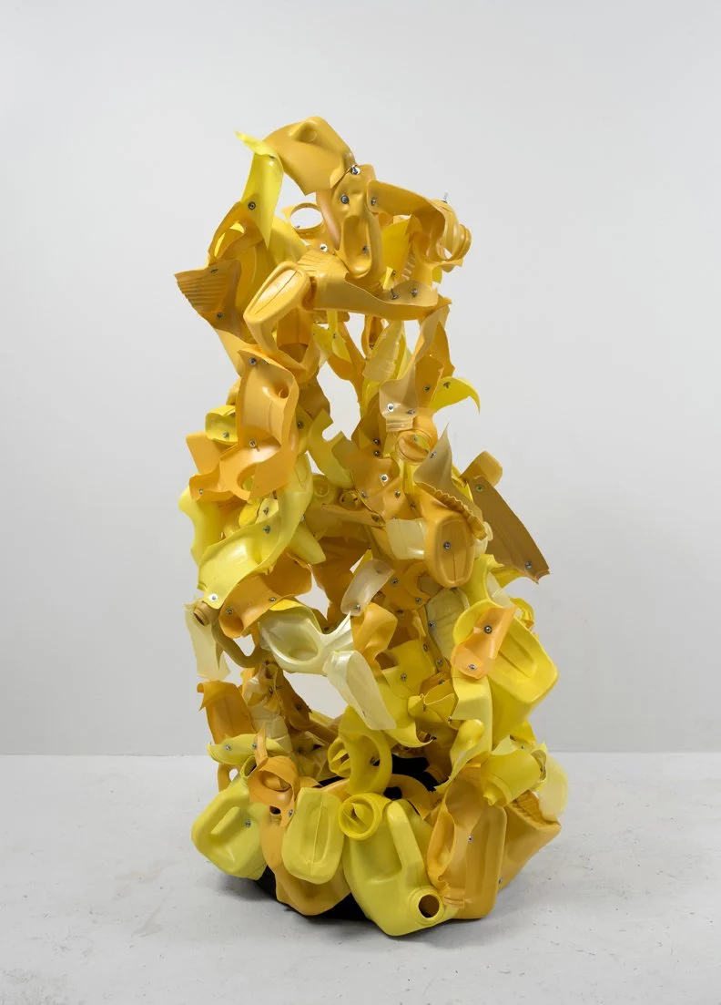 Standing sculpture made from repurposed plastic bottles