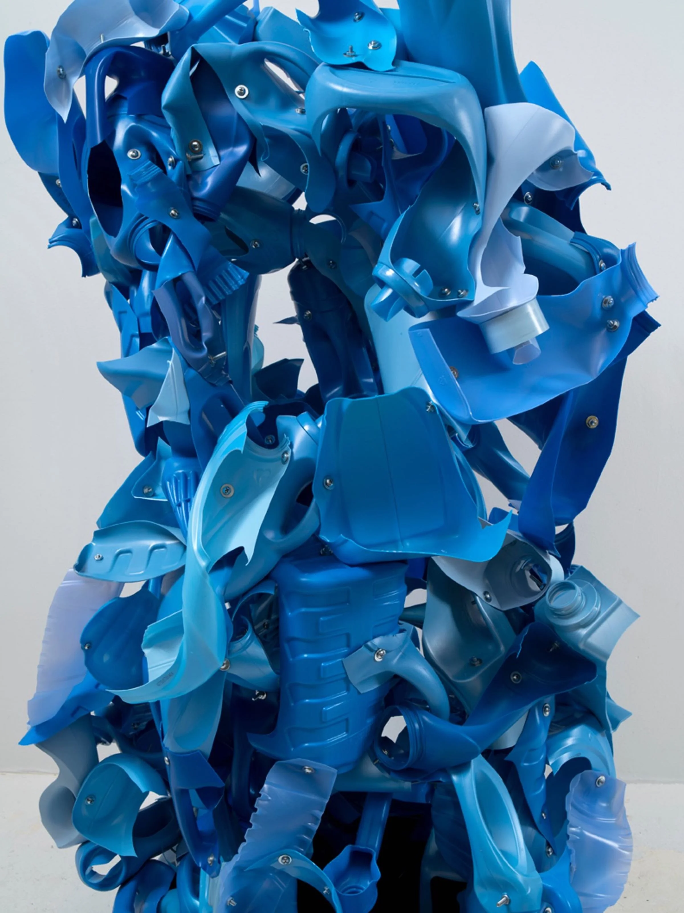 Detail of standing sculpture made from repurposed plastic bottles