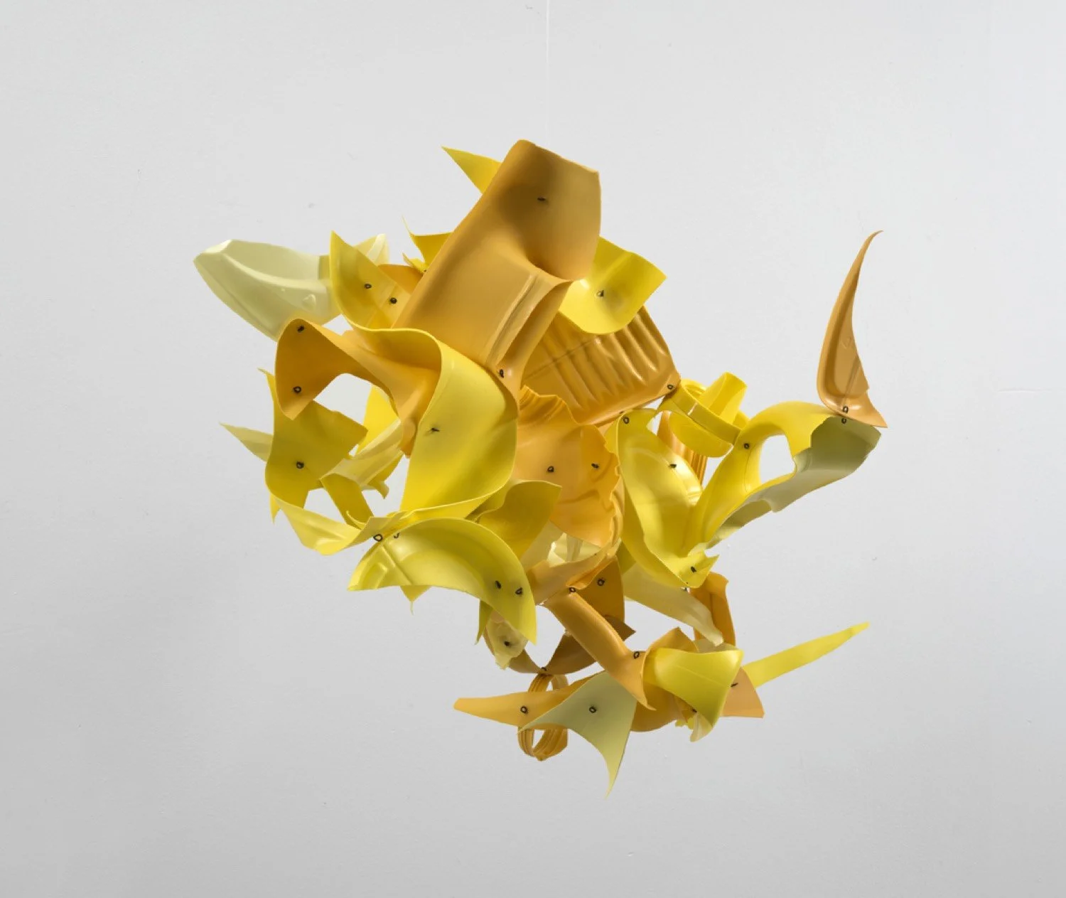 Suspended sculpture made with repurposed plastic bottles