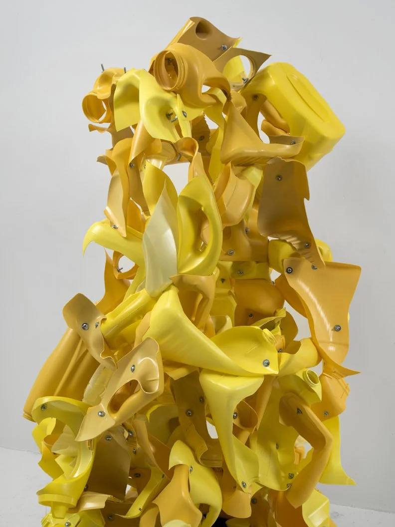 Detail of standing sculpture made from repurposed plastic bottles