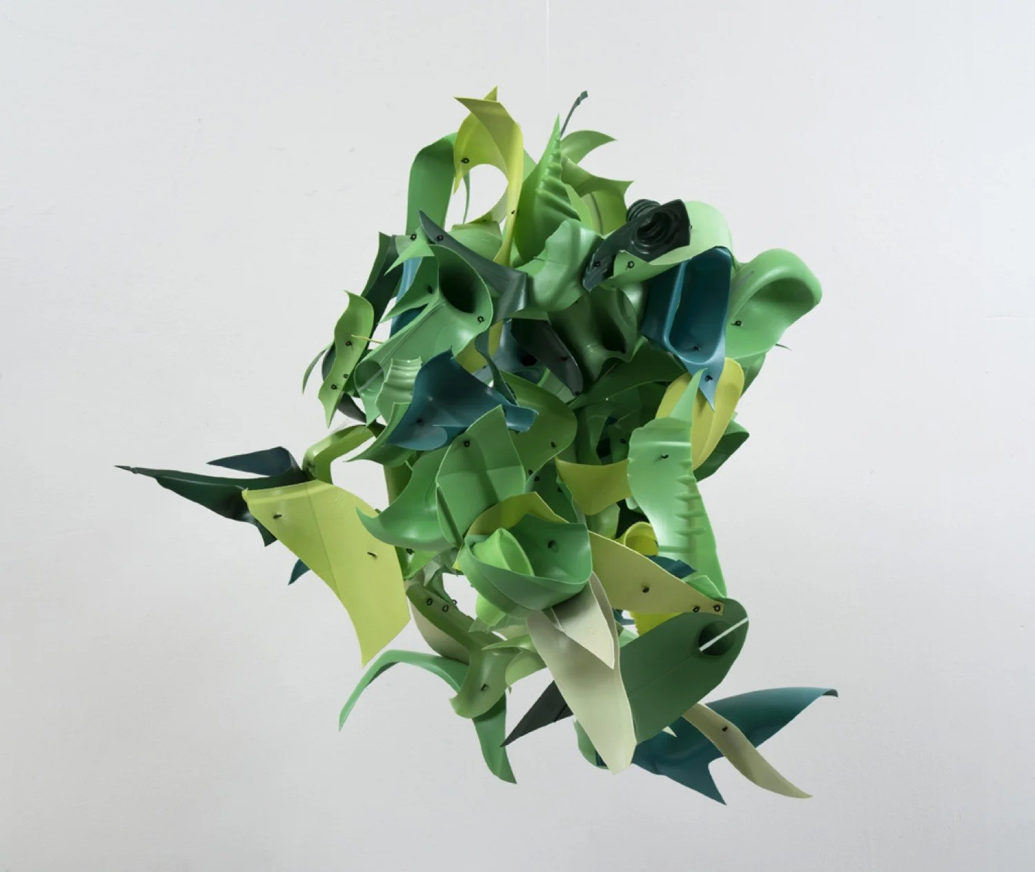 Suspended sculpture made with repurposed plastic bottles