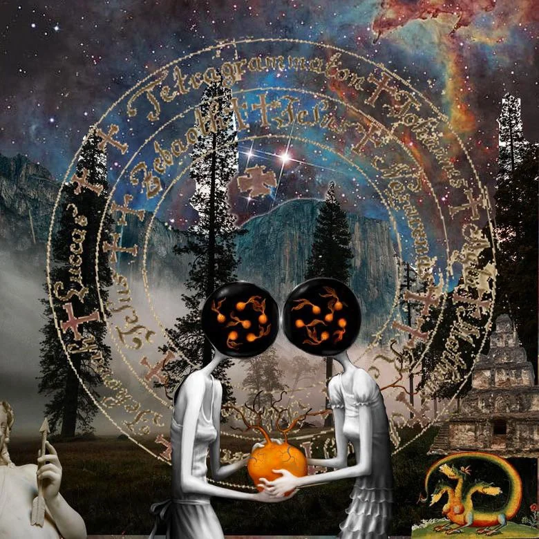 A surreal digital artwork featuring two humanoid figures with black, starry heads holding a glowing orange heart with tree roots. The background shows a mystical forest with tall trees, fog, and a mountain under a vibrant, starry galaxy sky. Overlaid are glowing rings of text and symbols, and a small cartoon dragon in the bottom right corner.