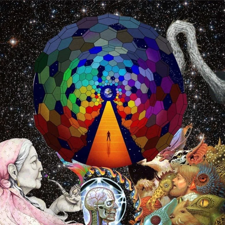 A composite image of cosmos with a caledoiscopic colorful circle, an older women in the left corner, and a road leading to the center of the circle with a person walking a bridge