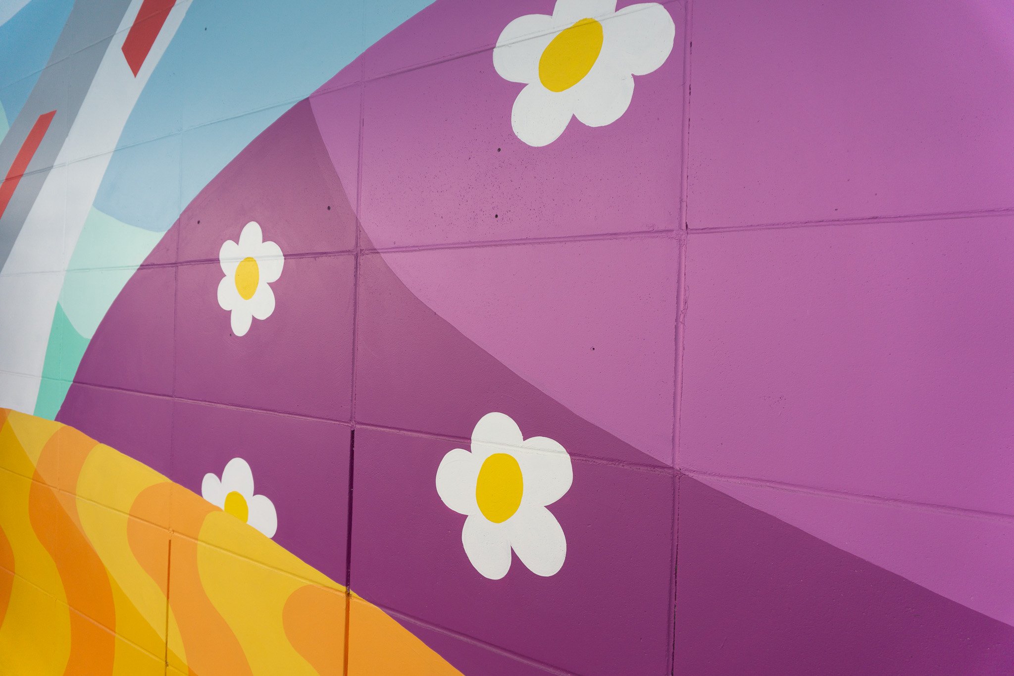 Fresque murale colorée avec des motifs abstraits et des fleurs blanches sur fond violet.