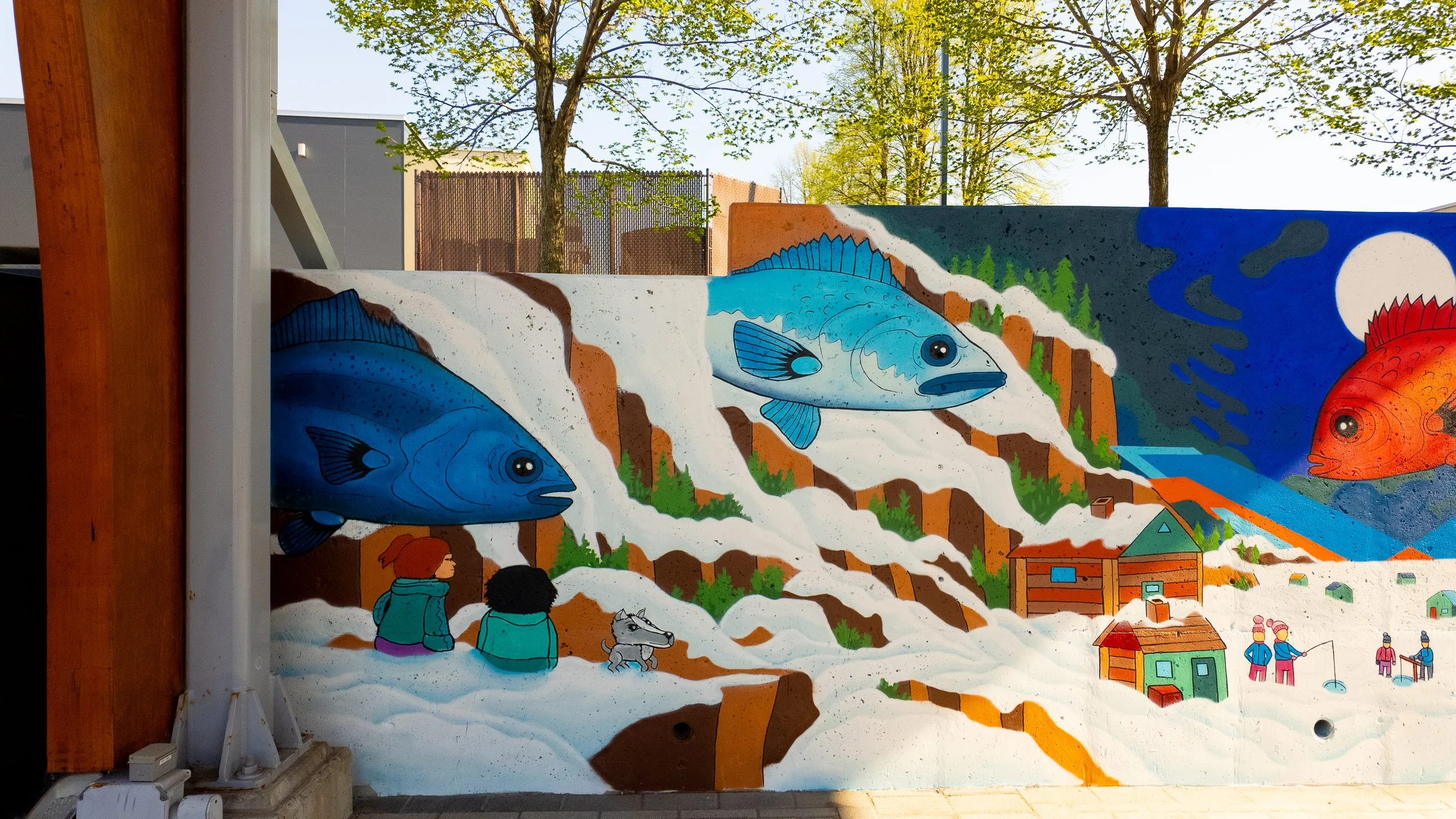 Murale de la peche blanche à l'agora la baie
