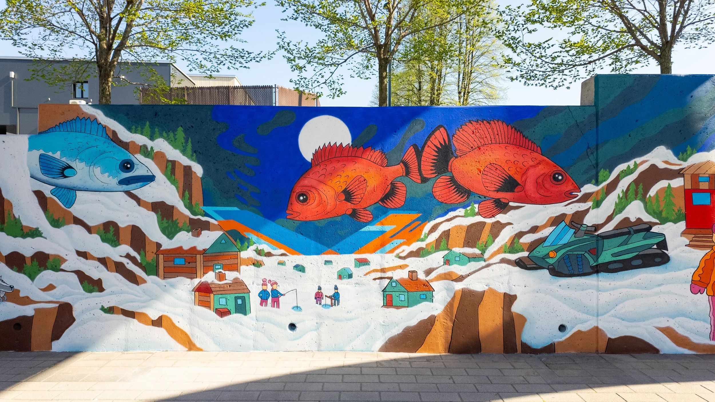 Murale de la peche blanche à l'agora la baie