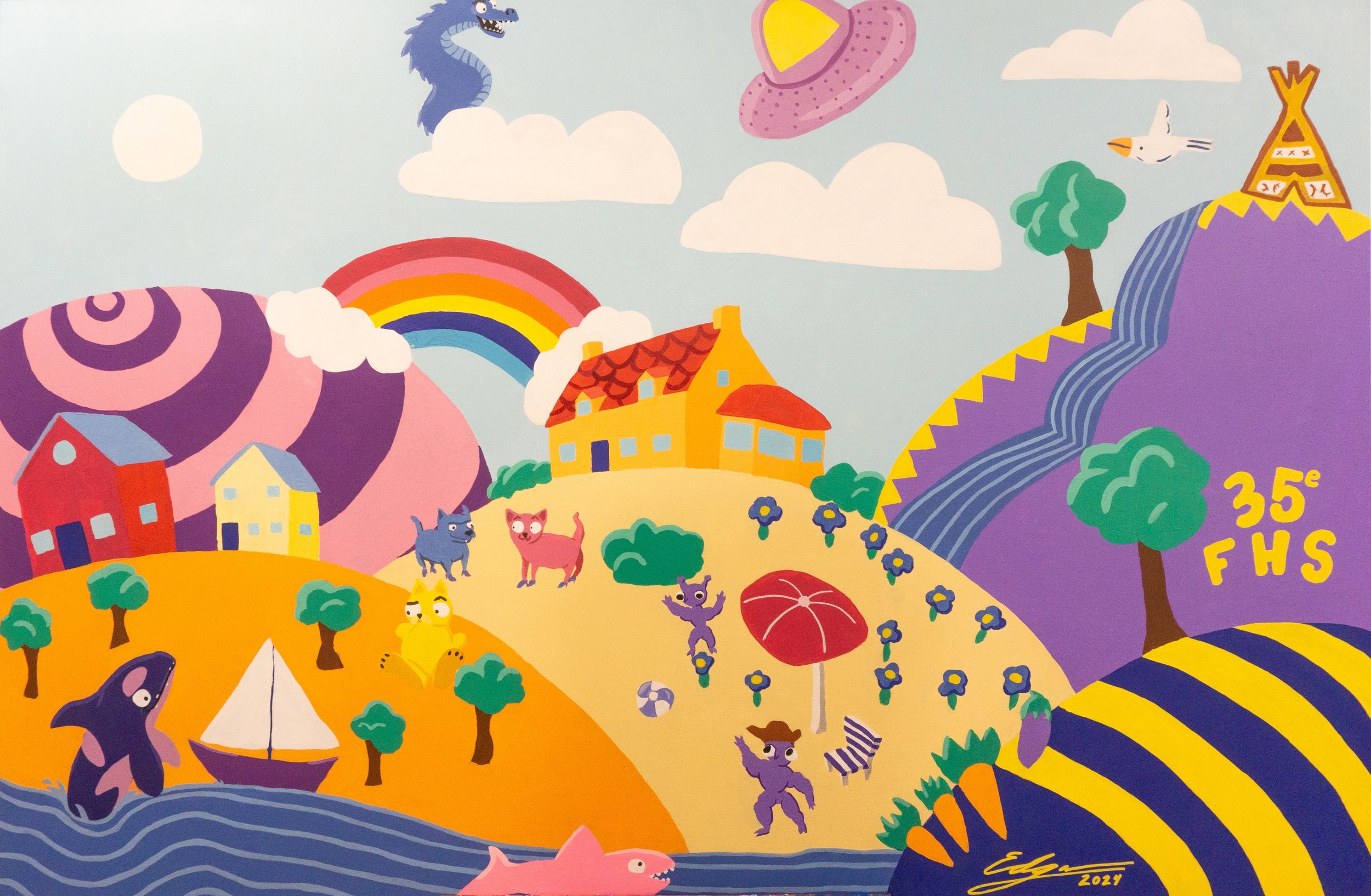 Illustration colorée d'un paysage fantaisiste avec des collines, des maisons, un arc-en-ciel, et un dragon dans le ciel. Un fleuve avec des animaux et un canoë, des arbres et des fleurs se trouvent sur le sol. Un OVNI et une lettre "35e FHS" sont vis