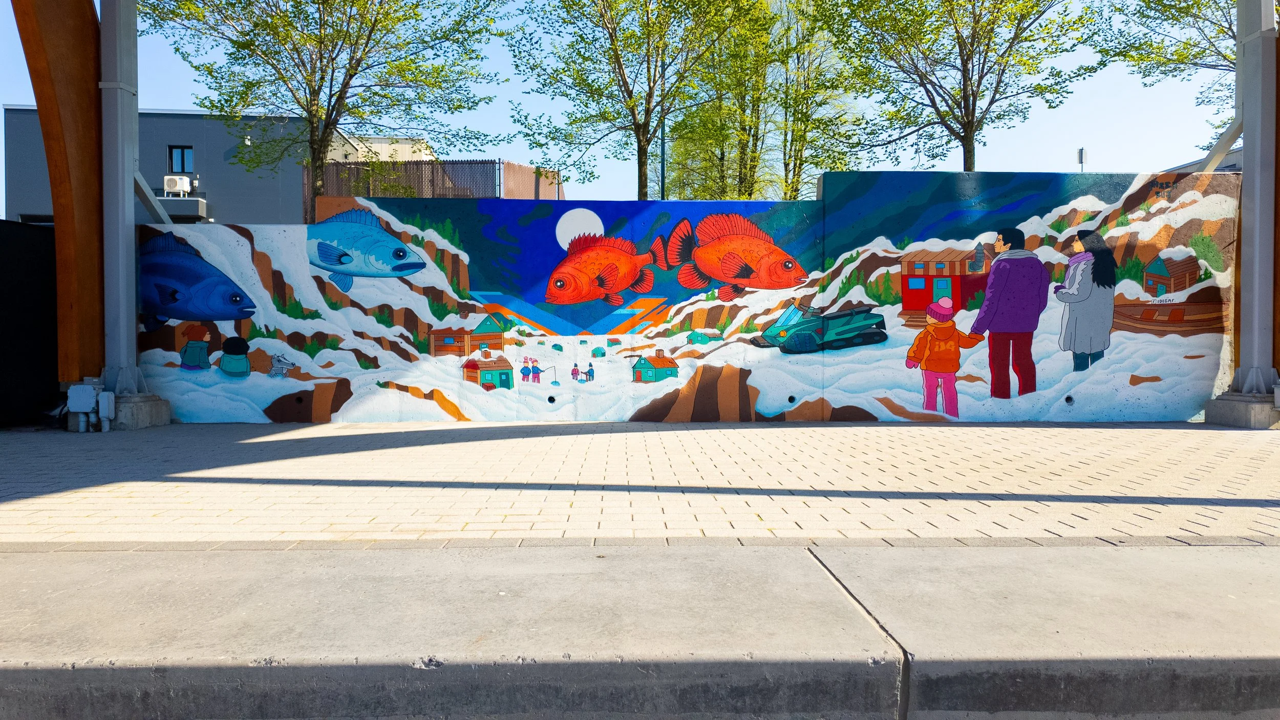 Murale de la peche blanche à l'agora la baie