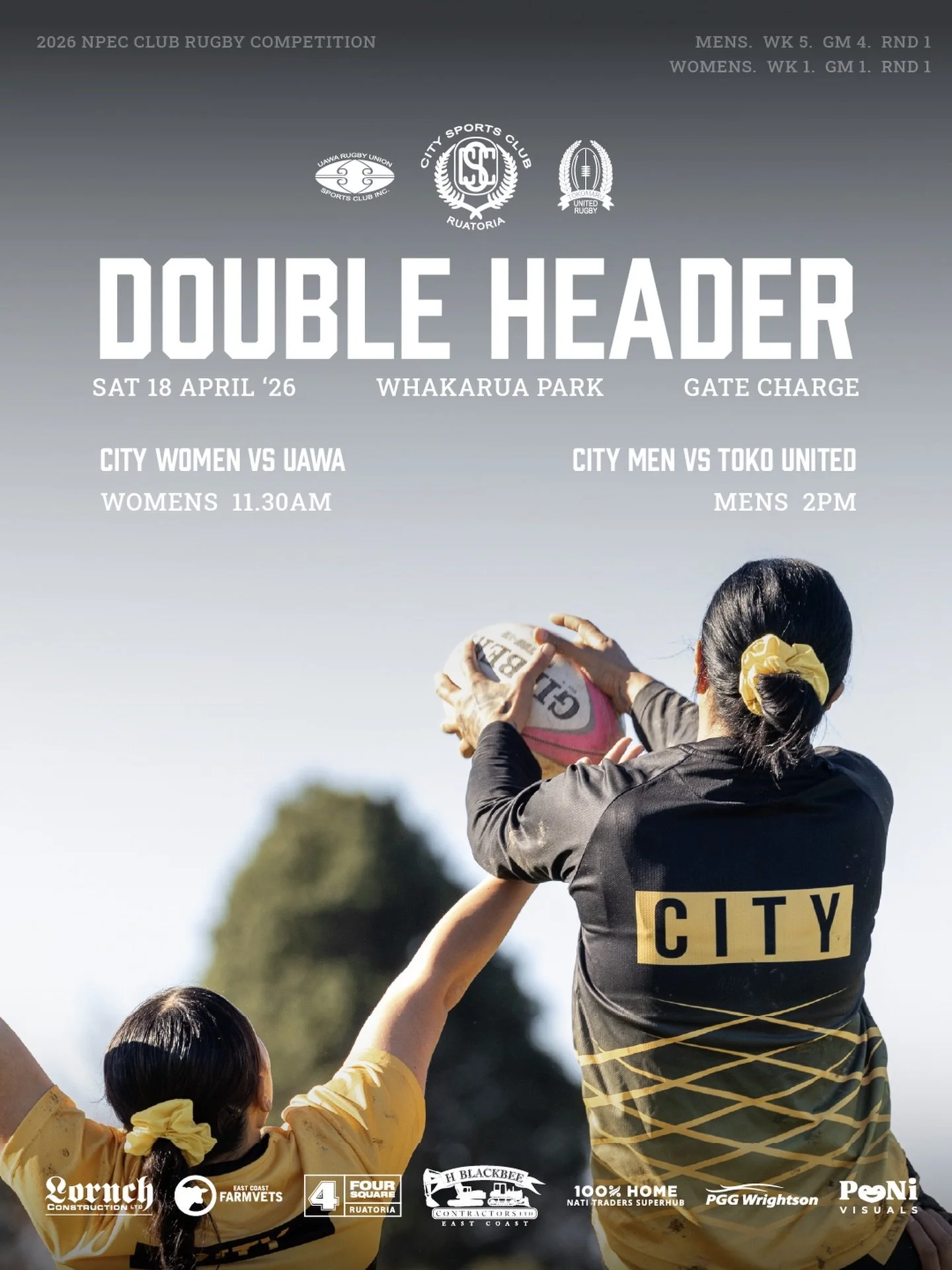 We awn 🔥 first double header of the szn. 💛🖤

🆚 Women vs Uawa
⏰ 11.30am
🆚 Men vs Toko United
⏰ 2pm
🌕 Sat 18 April &lsquo;26
📍Whakarua Park