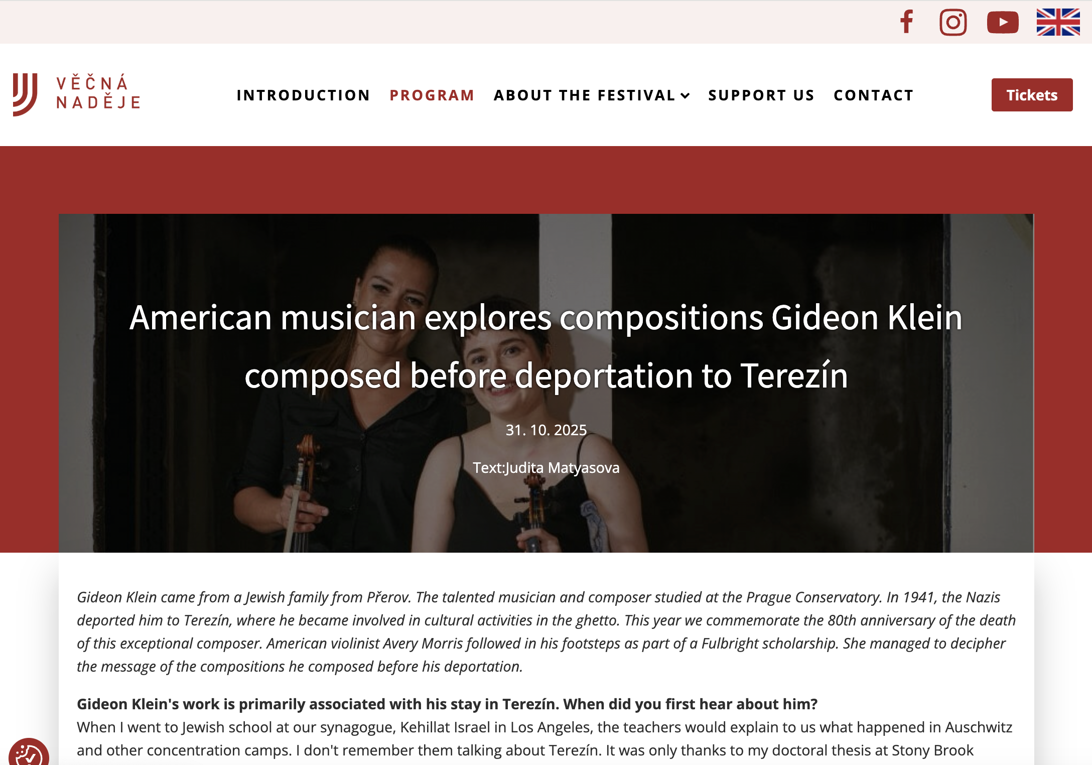 American musician explores compositions Gideon Klein composed before deportation to Terezín