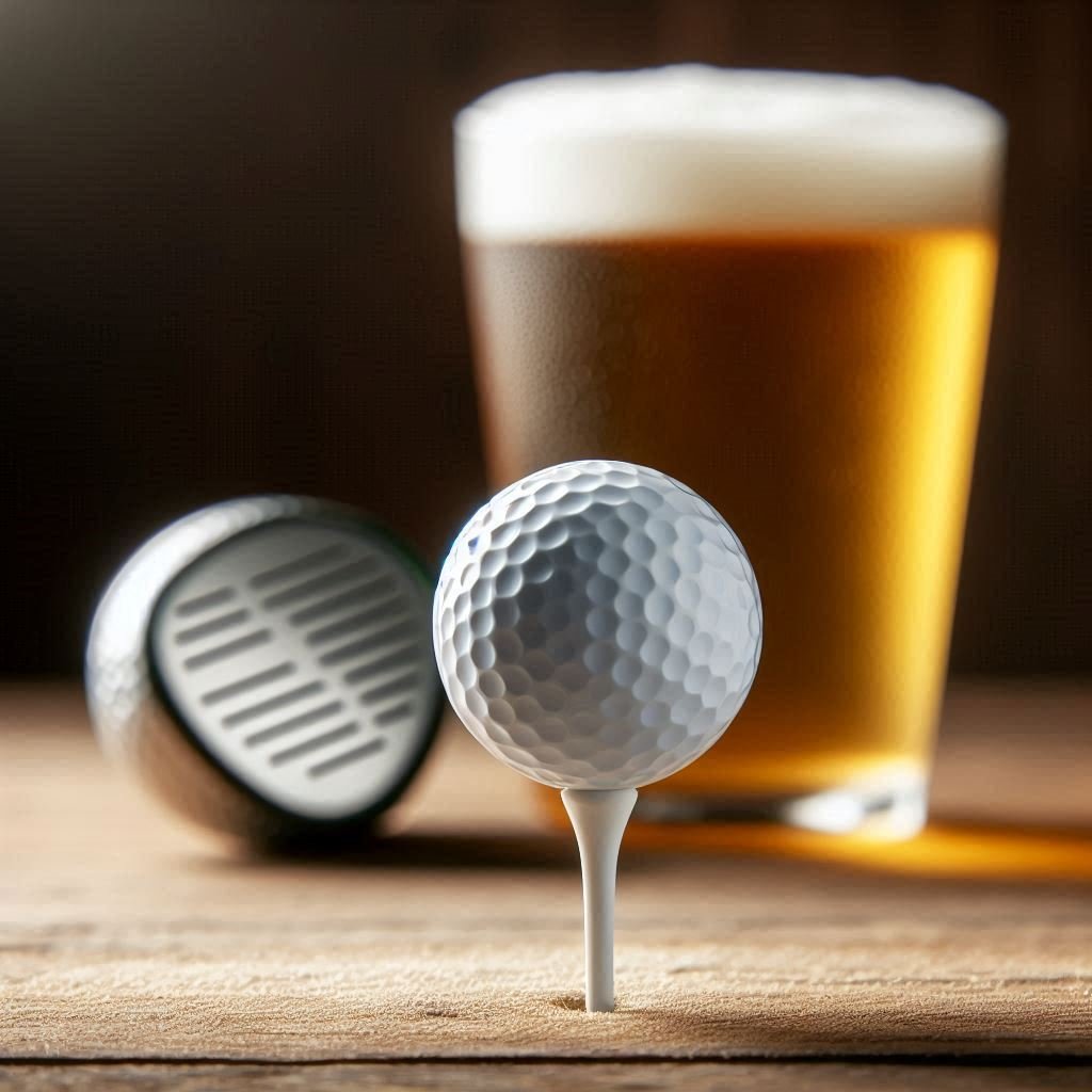 a plain golf ball on a tee with a beer in the background.jpg