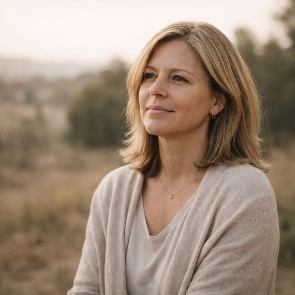 A woman outdoors or by a window, visibly settled Not euphoric. Not fake joy. Think grounded relief, spaciousness, steadiness.
