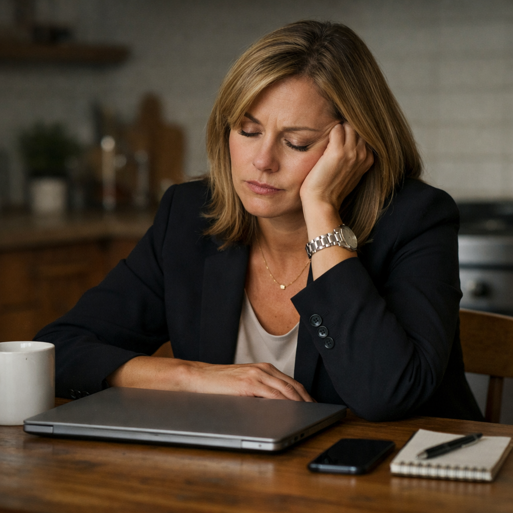 A high-capacity woman alone in a quiet moment Think: sitting at a kitchen table after work laptop closed, shoulders heavy composed on the outside, clearly carrying too much
