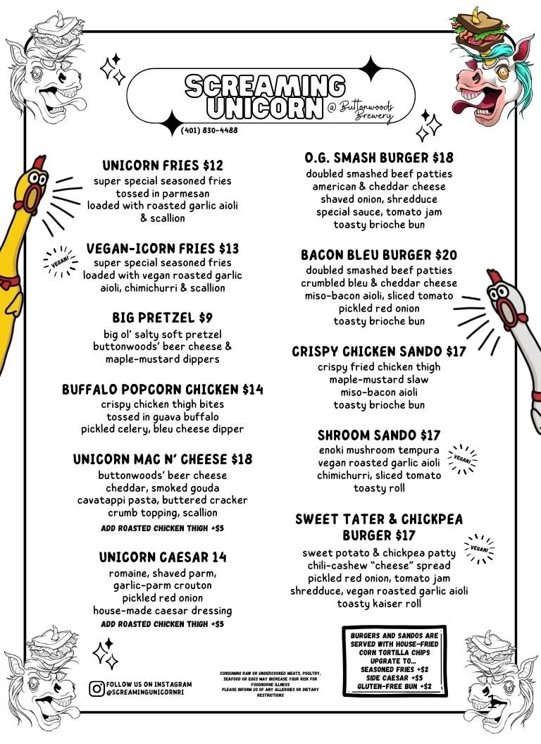 Menu from Screaming Unicorn at Buttonwoods Brewery featuring unicorn-themed illustrations, listing various vegan and non-vegan burgers, fries, and sides with prices.