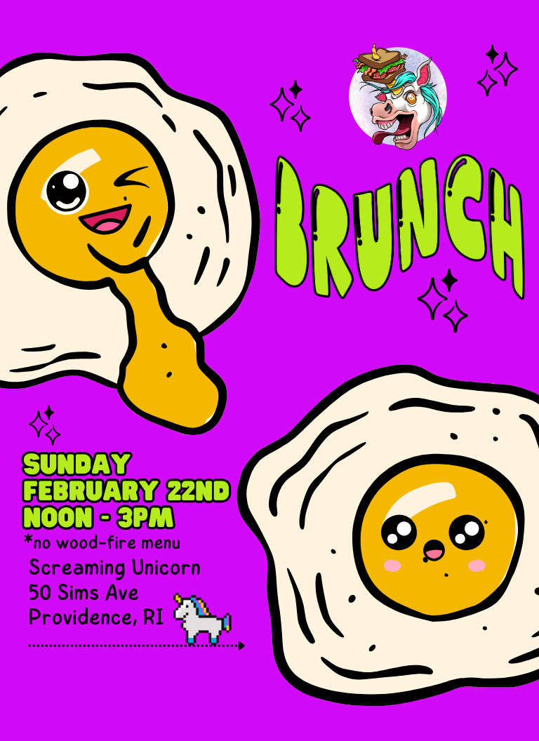 Cartoon fried eggs with cute, expressive faces on a purple background, with a unicorn graphic, animated text for an event, and a unicorn and monster illustration.