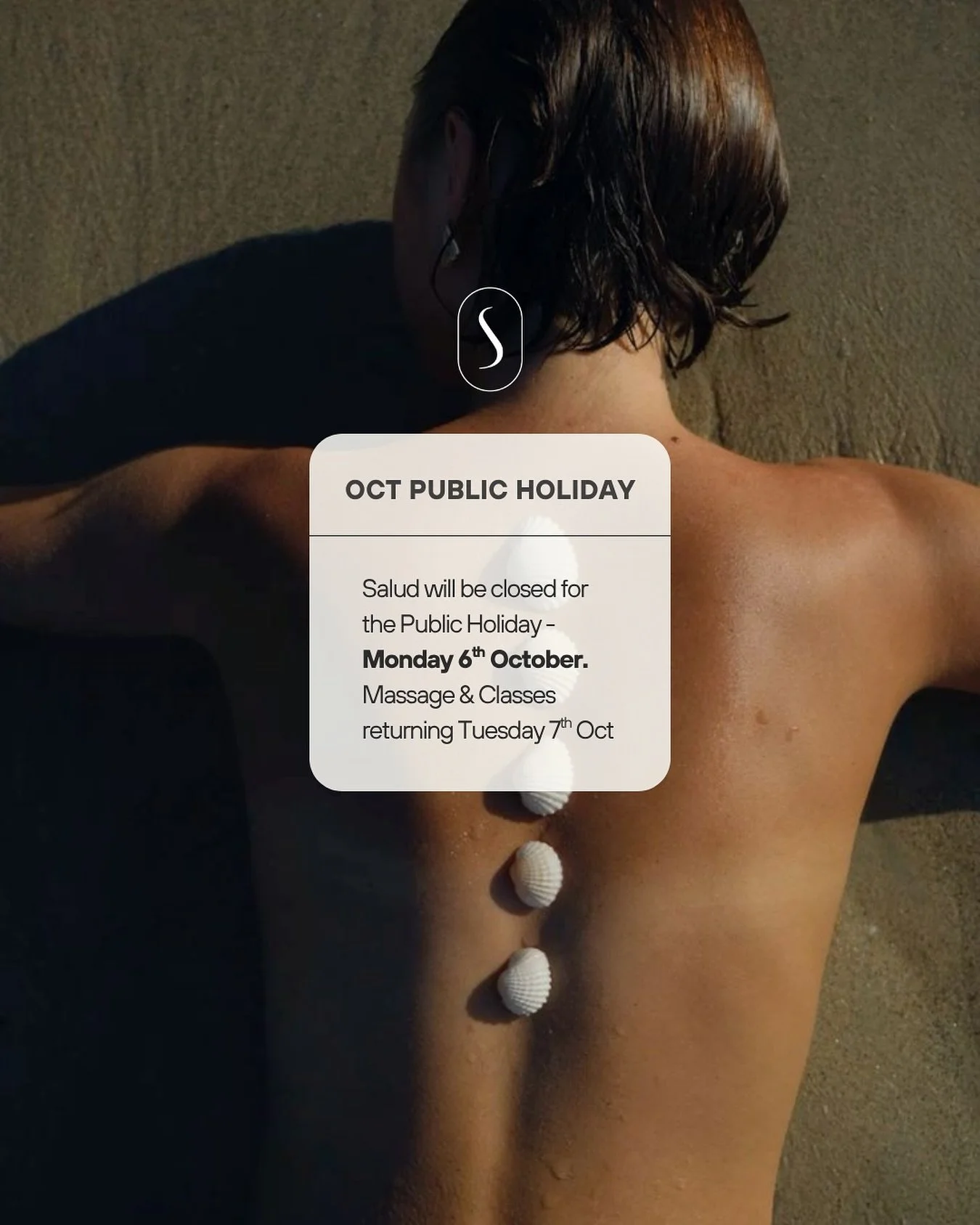 The Salud team will be taking a well deserved long weekend this October Public Holiday, for some family time and sunshine! We will be Closed Monday 6th October

Classes and Massage will return as normal, on Tuesday 7th October &mdash; we can&rsquo;t 