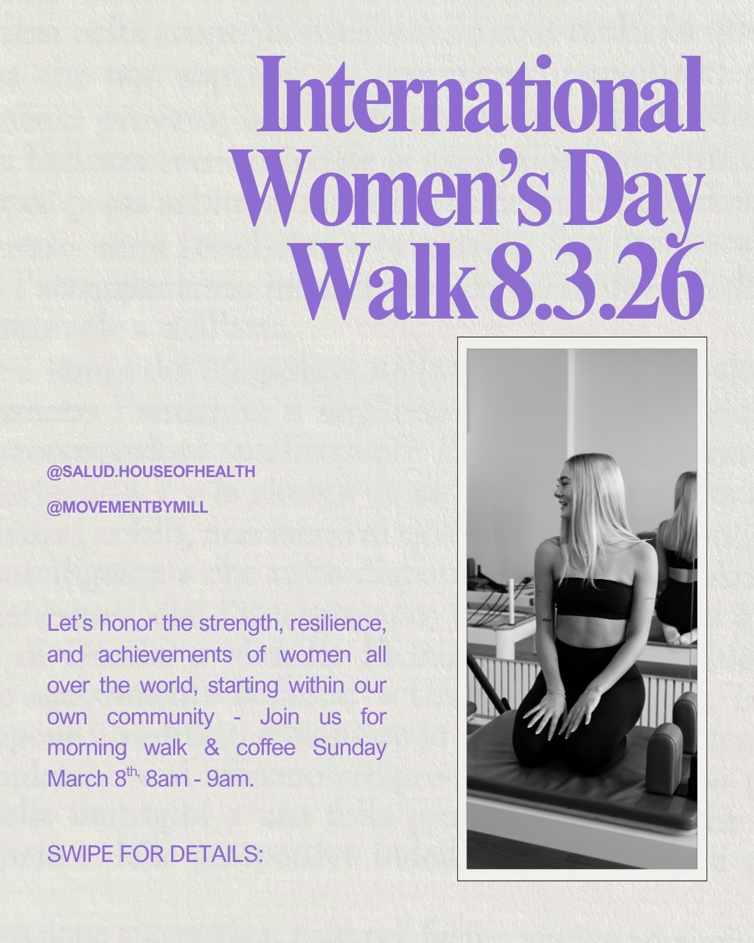 This Sunday, March 8th, 8am start from @lexies.onthebeach join Salud x @movementbymill for a community walk, this International Women&rsquo;s Day 💜

We&rsquo;ll meet at Lexies to walk Stockton breakwall together before heading back to Lexies for a c