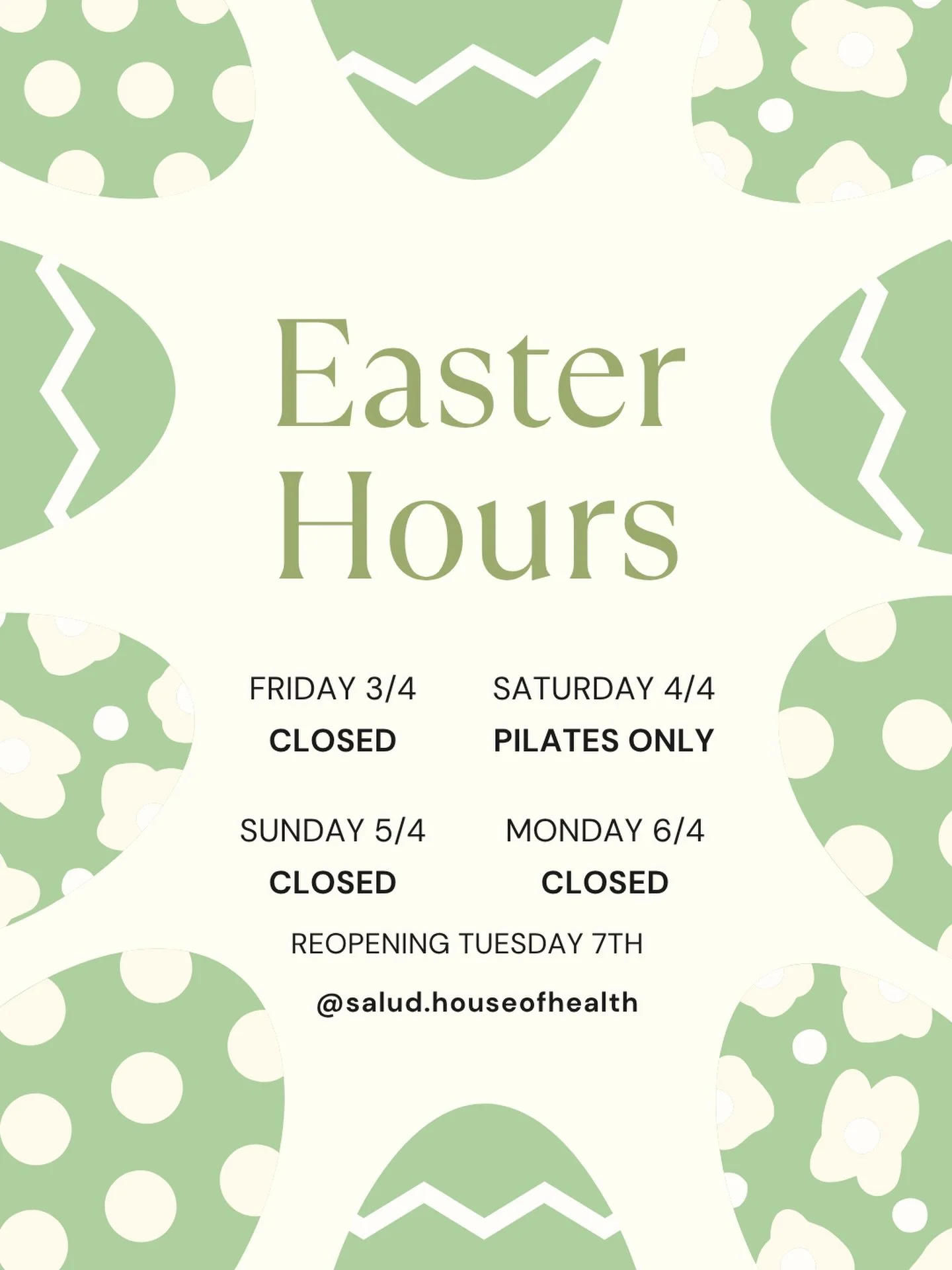 Long Weekend Hours: 

With Easter around the corner we wanted to remind you of reduced studio hours for the long weekend 🐣🌿

The studio will be closed for Massage &amp; Facial, with a reduced timetable for Pilates (Saturday only). 

Get your classe