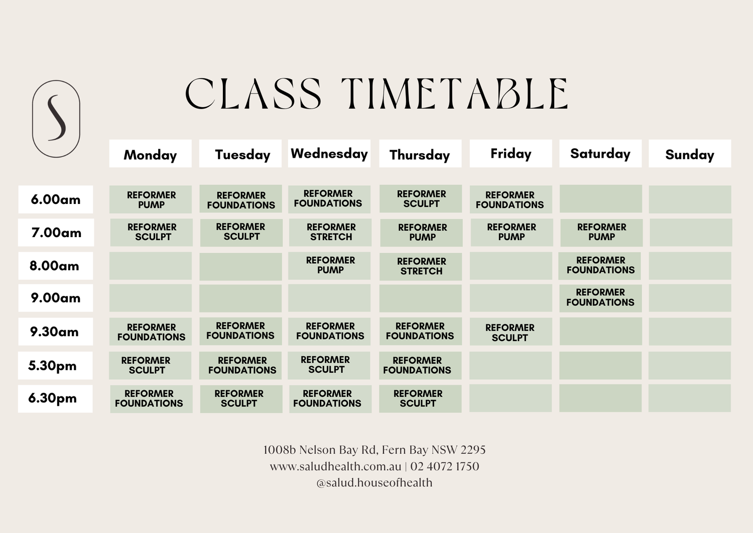 Our Timetable — Salud House of Health