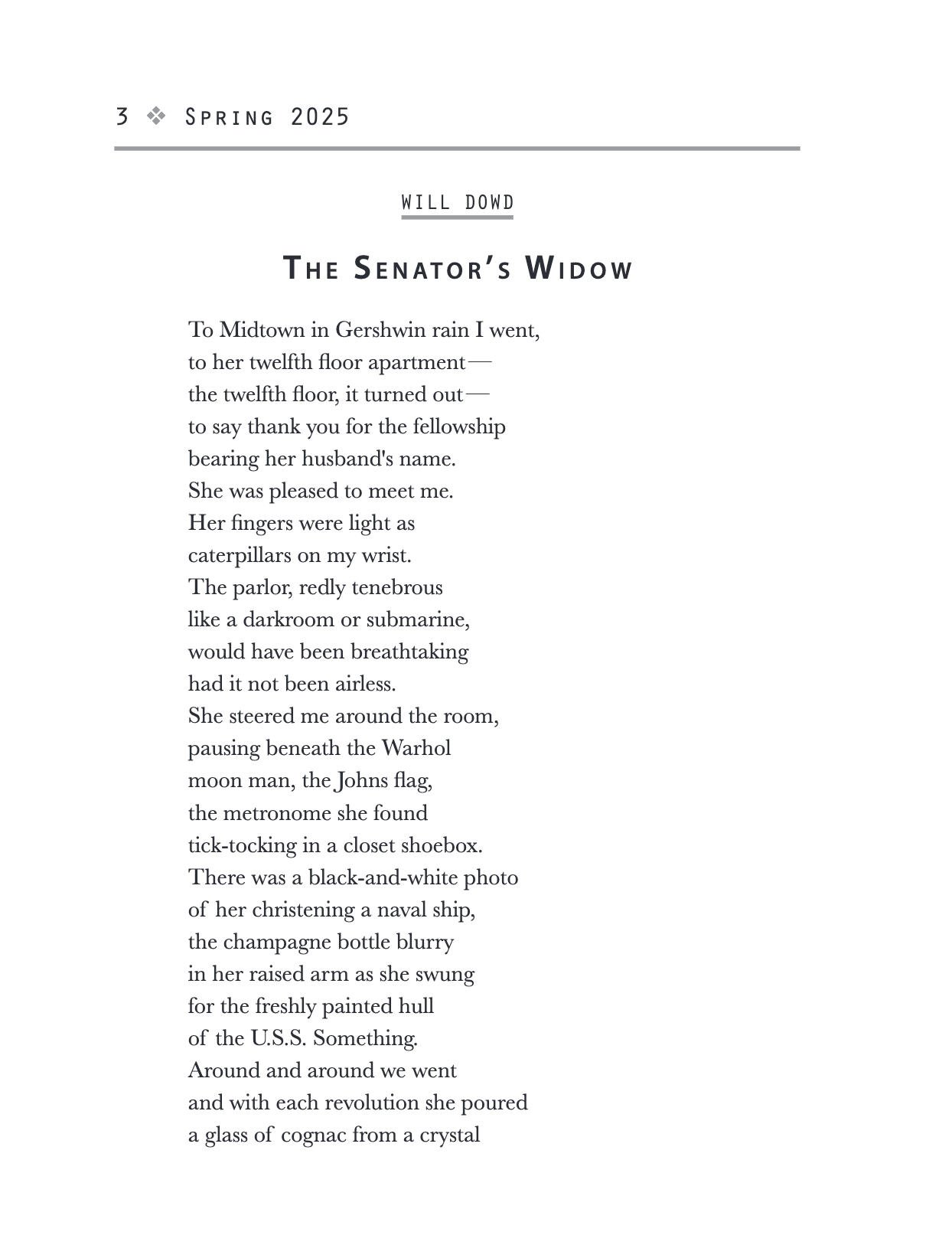 Excerpt from a poetry book titled "The Senator's Widow" by Will Dowd, published in Spring 2025, featuring a poem about a meeting in a townhouse with imagery of rain, light fingers, and a naval theme.