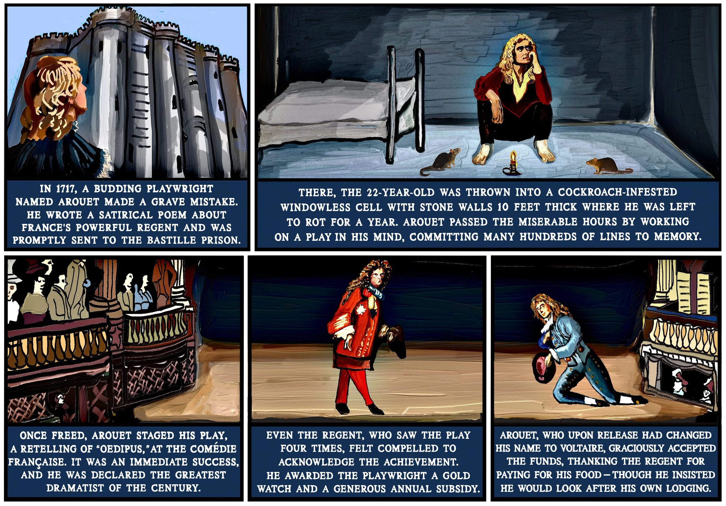 Cartoon about Voltaire, who wrote his break-out play in his head while serving a sentence in the Bastille.