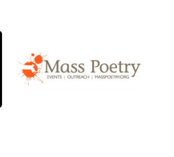 Mass Poetry logo with orange ink splat design and website address.