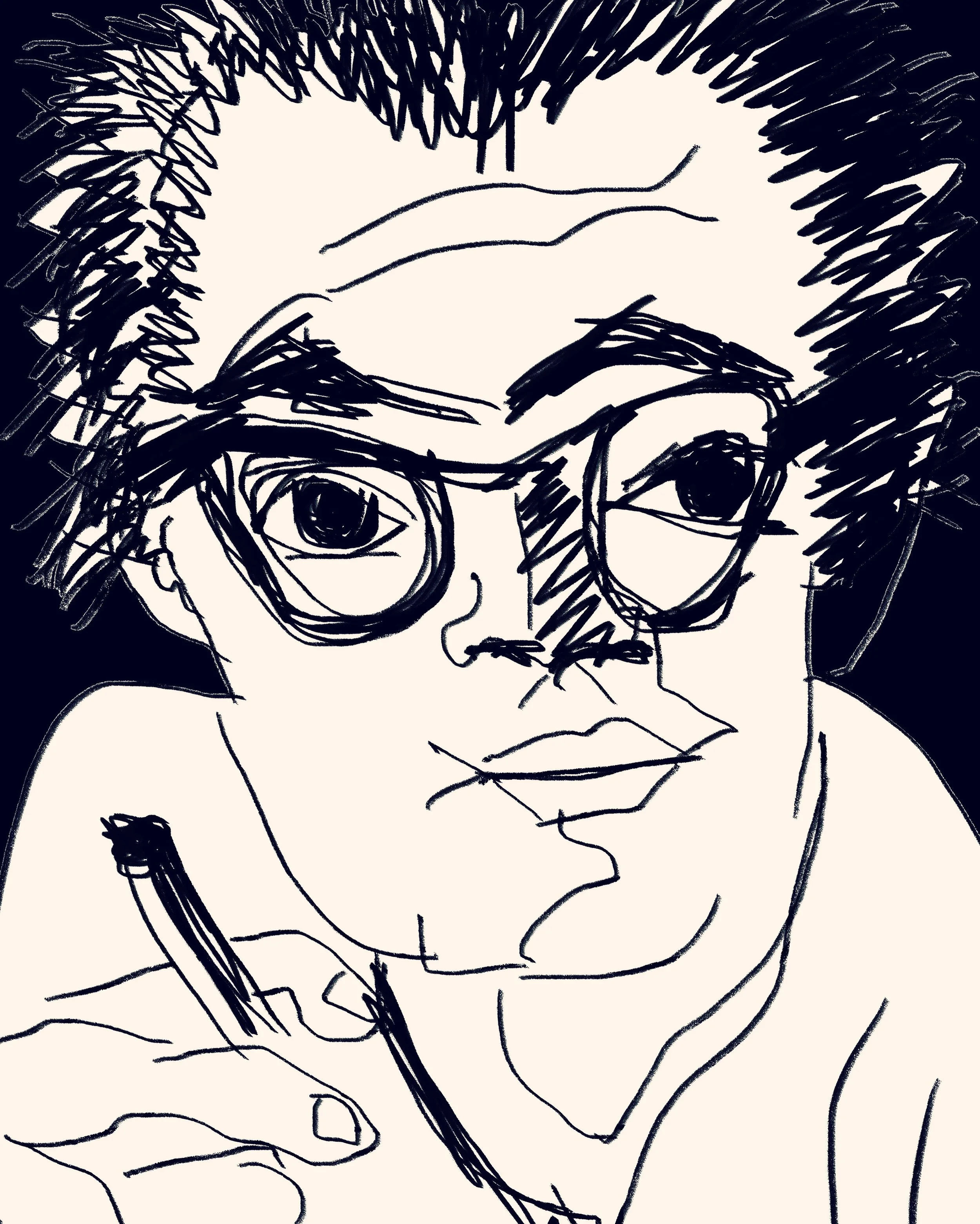 A black and white sketch of a person with curly hair, glasses, and a serious expression, holding a pen near their mouth.