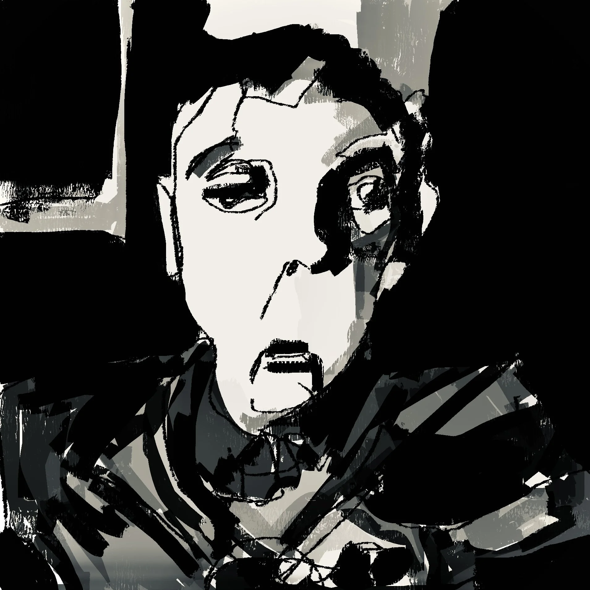A stylized black and white digital drawing of a person's face, with dark hair, expressive eyes, and an intense facial expression. The image has a rough, sketch-like quality with bold lines and high contrast.
