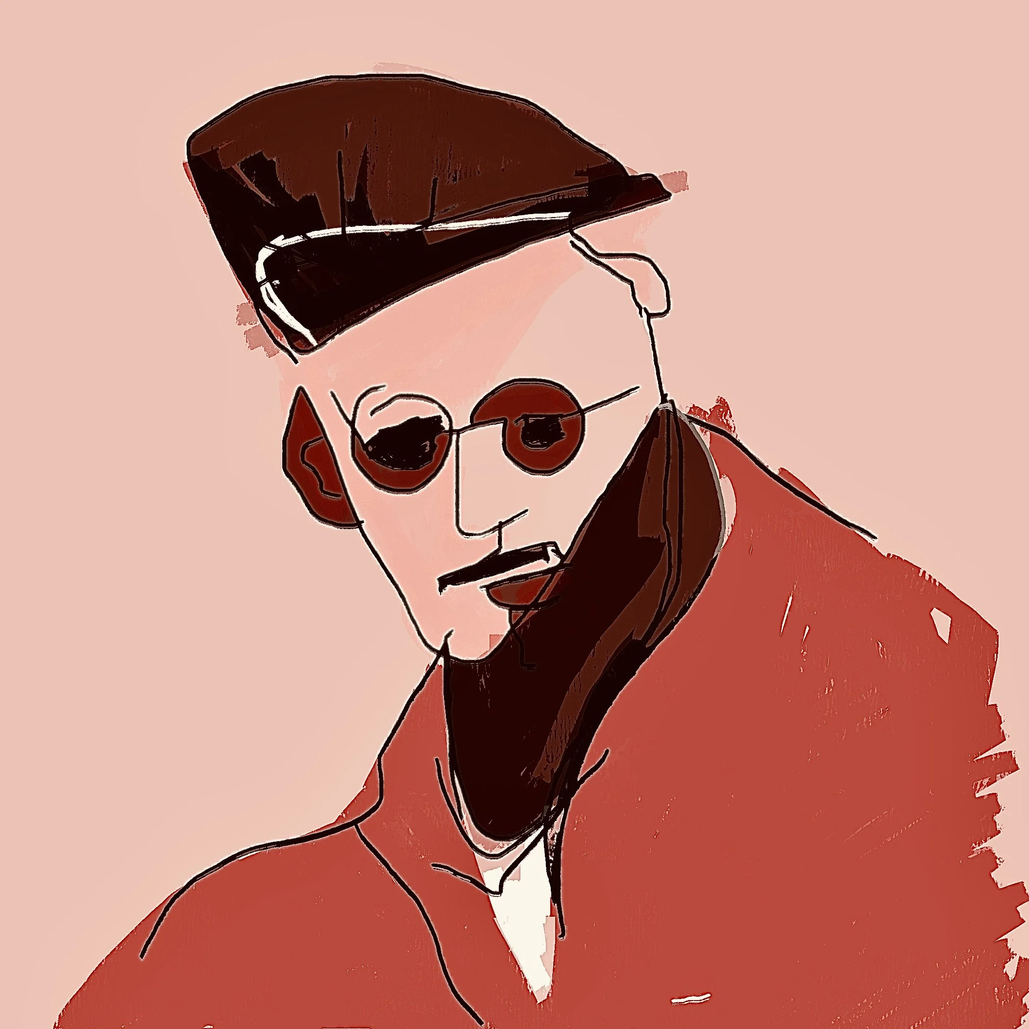 Stylized digital illustration of a person with short hair, wearing a red jacket and headphones, looking down with a serious expression, against a pink background.