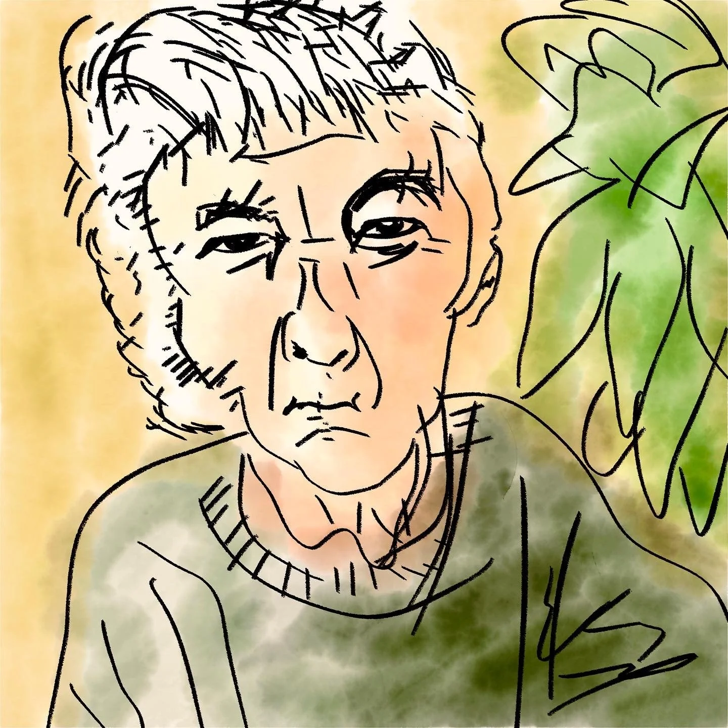 A colorful sketch of a person with short hair, wearing a sweater, drawing or surrounded by large green leaves.