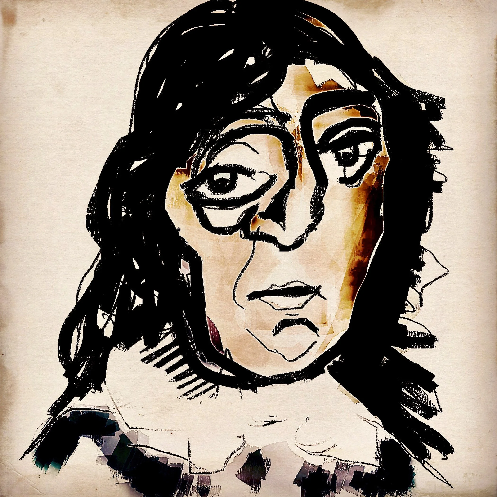 A line drawing of a woman with curly hair and glasses, holding her hand to her face, in an artistic, sketchy style.