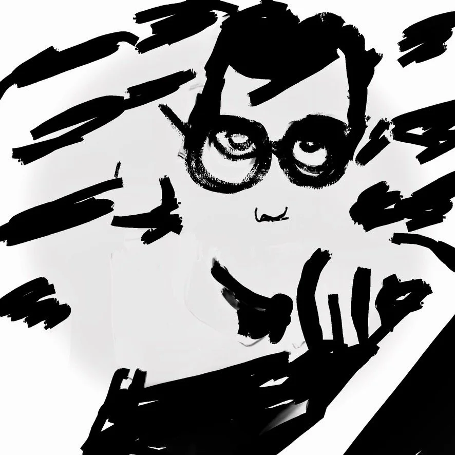 A sketch of a person's face with glasses and curly hair, drawn with black strokes on a white background.
