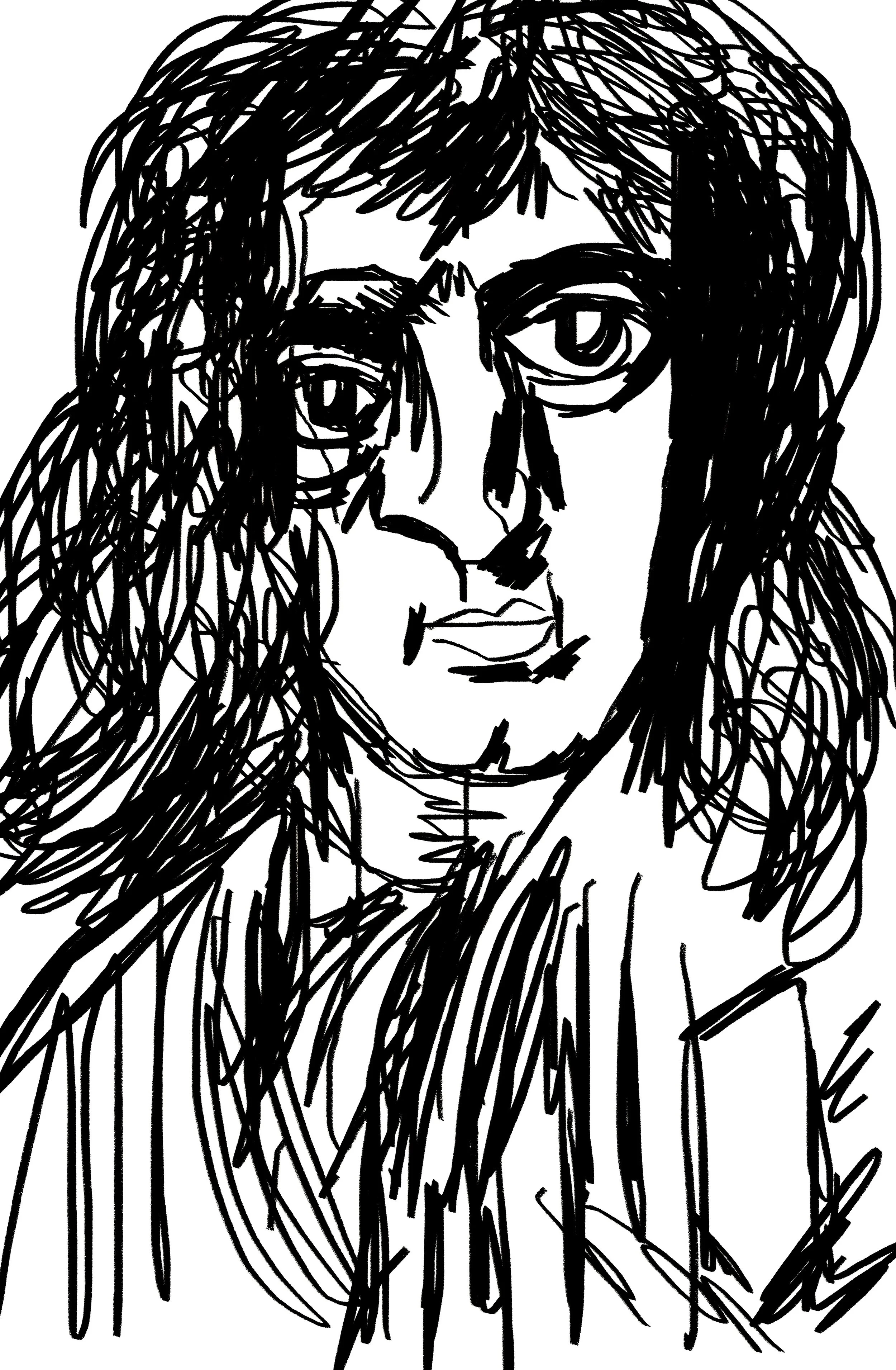 Line drawing of a woman with long, wavy hair, and a serious expression, depicted in a sketchy, abstract style.