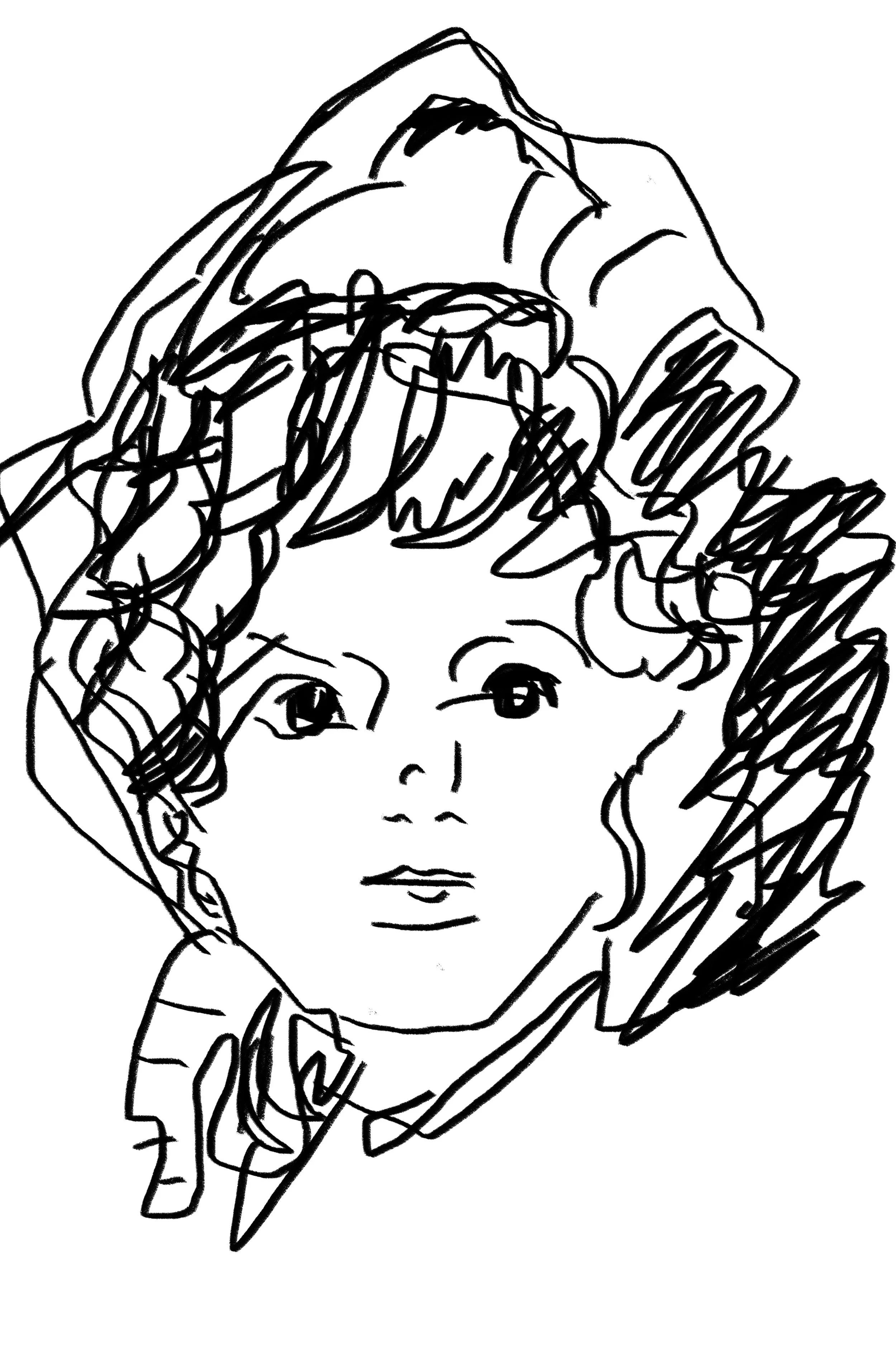 Line drawing of a young girl with curly hair and a serious expression, facing forward.