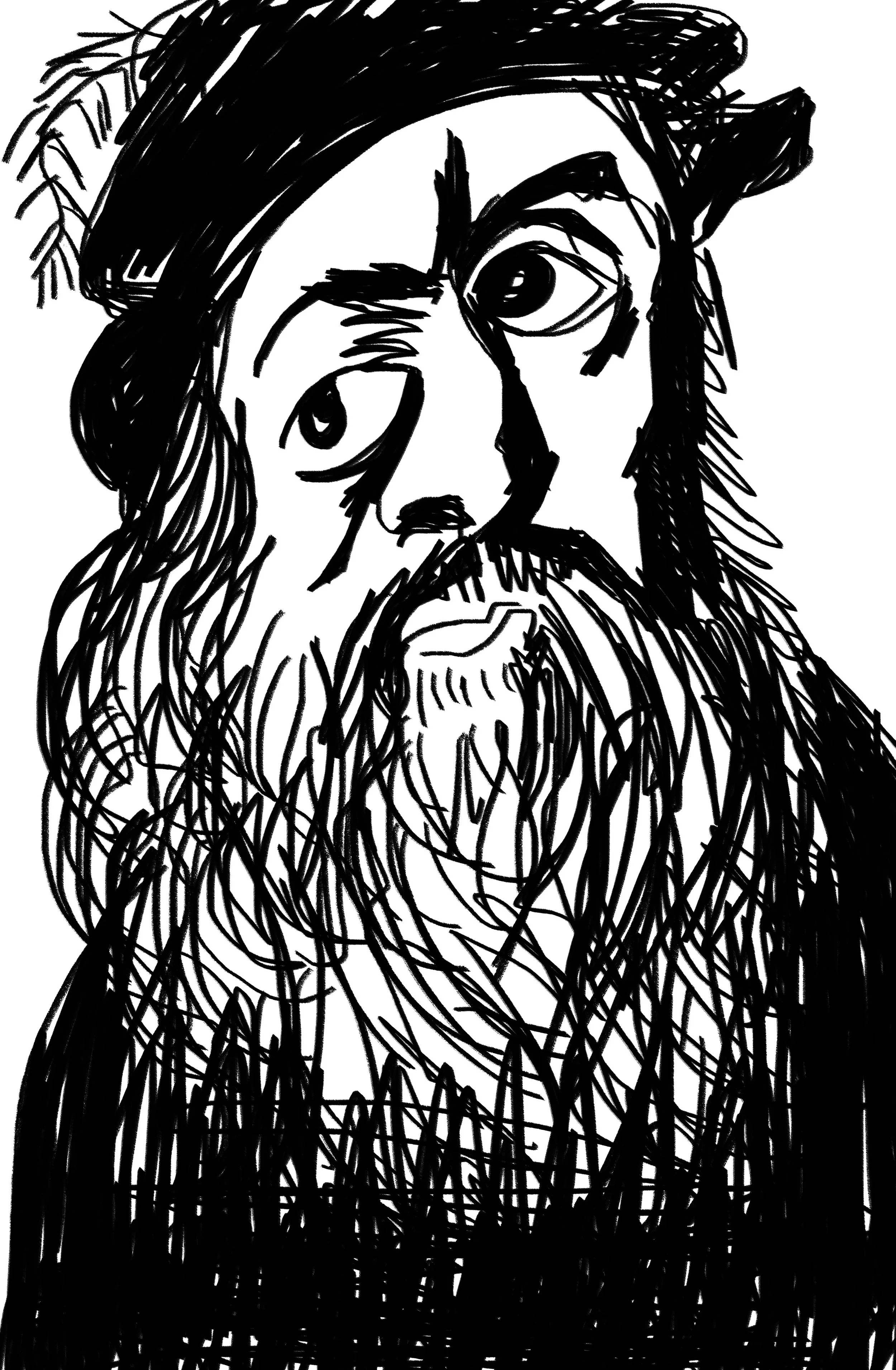 Black ink sketch of a bearded man with long hair, wearing a cap, and a mane of hair, in an abstract style.