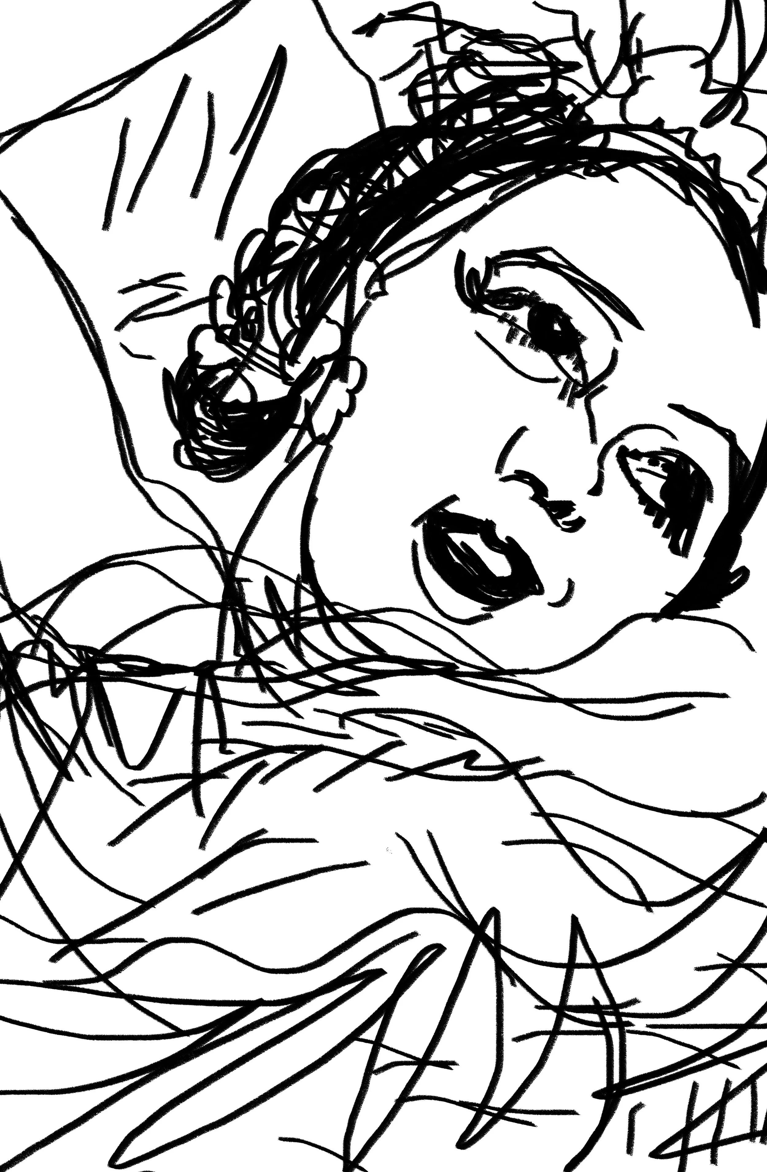 A sketch of a woman lying down with her head resting on her arm, eyes closed or looking downward, with hair and facial features drawn with black lines.