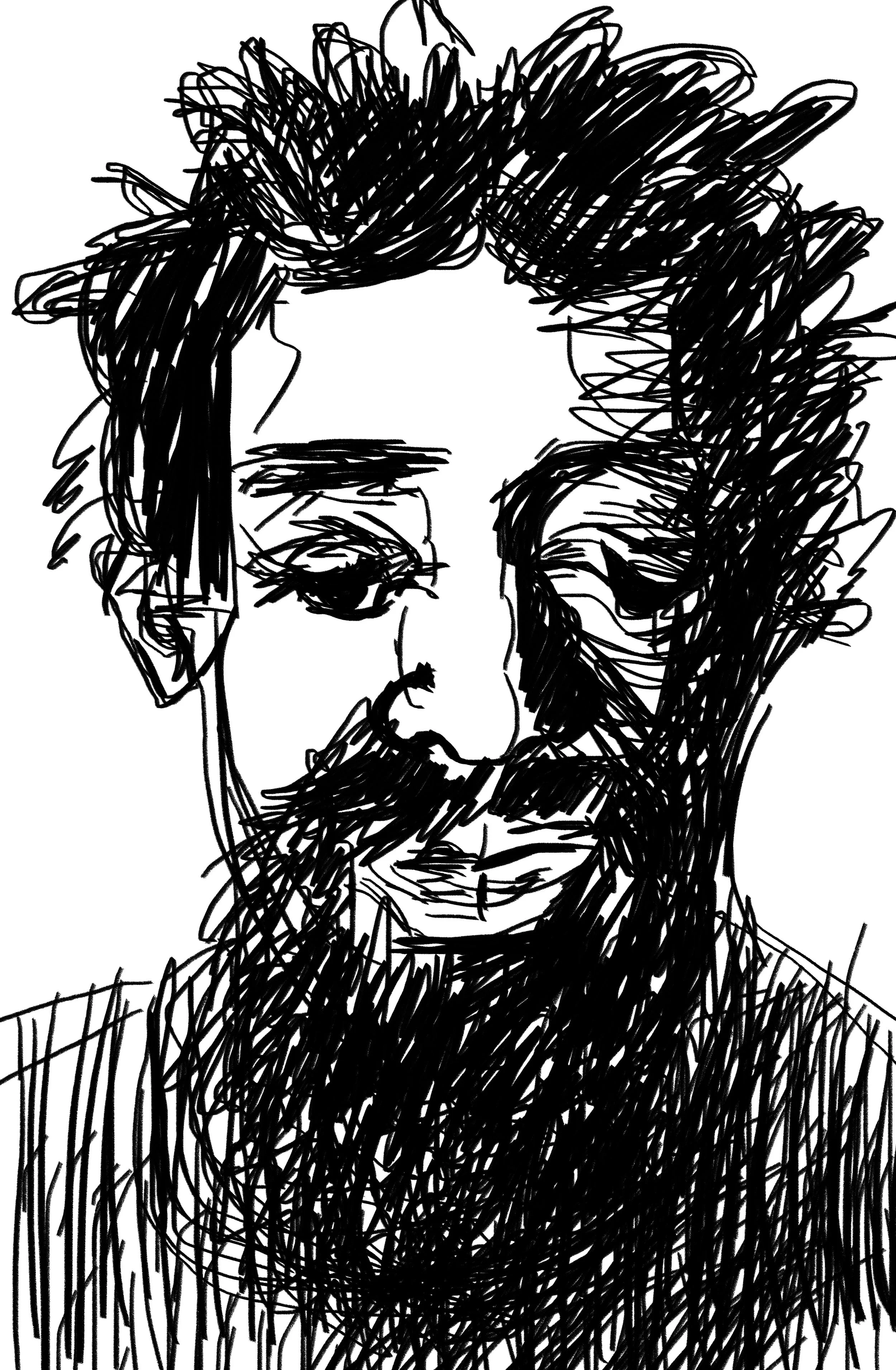 A black and white sketch of a man's face with facial hair and messy hair, wearing a dark shirt.