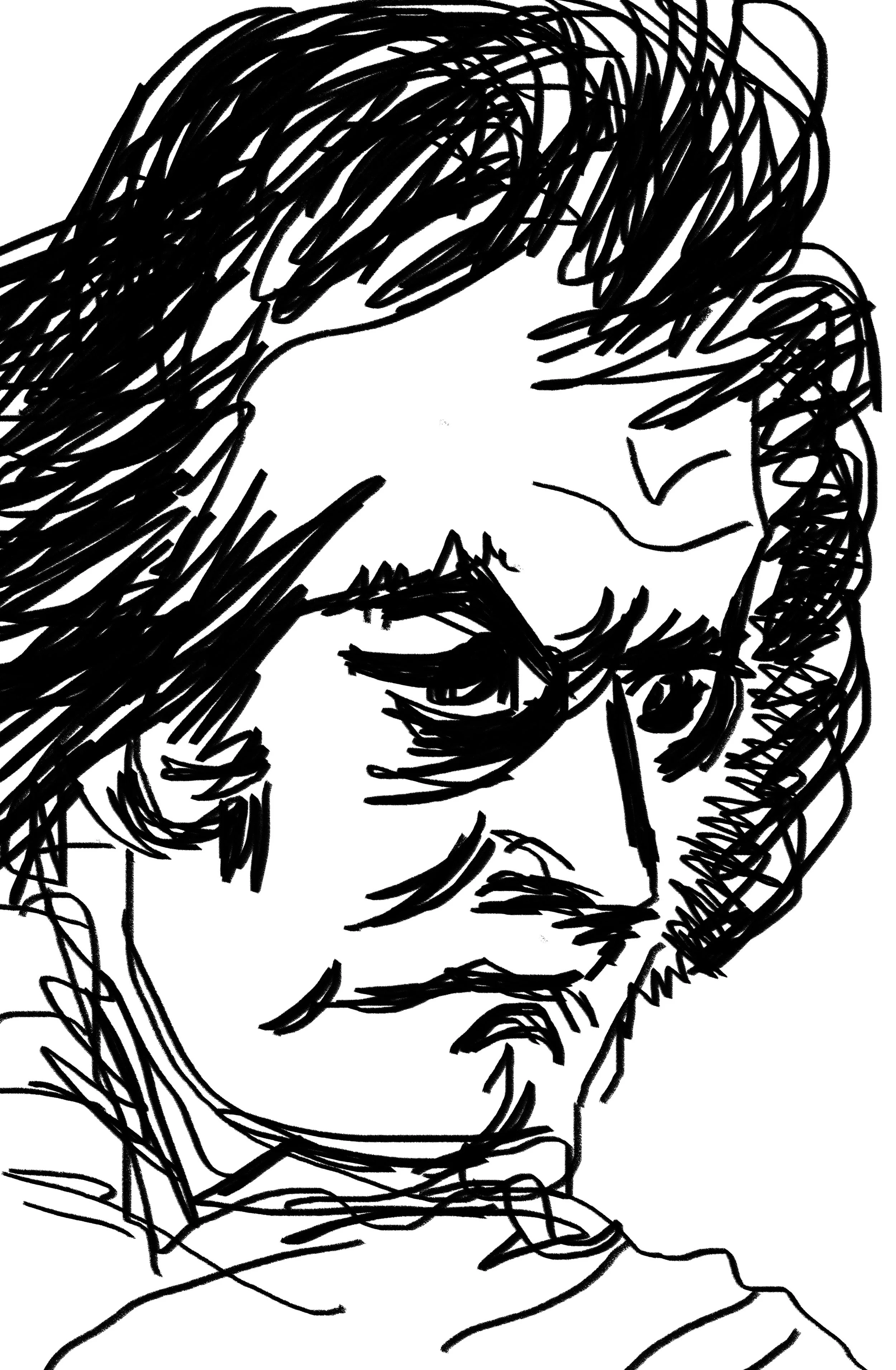 Black and white sketch of a person's face and upper torso with long hair, glasses, a beard, and a striped shirt.