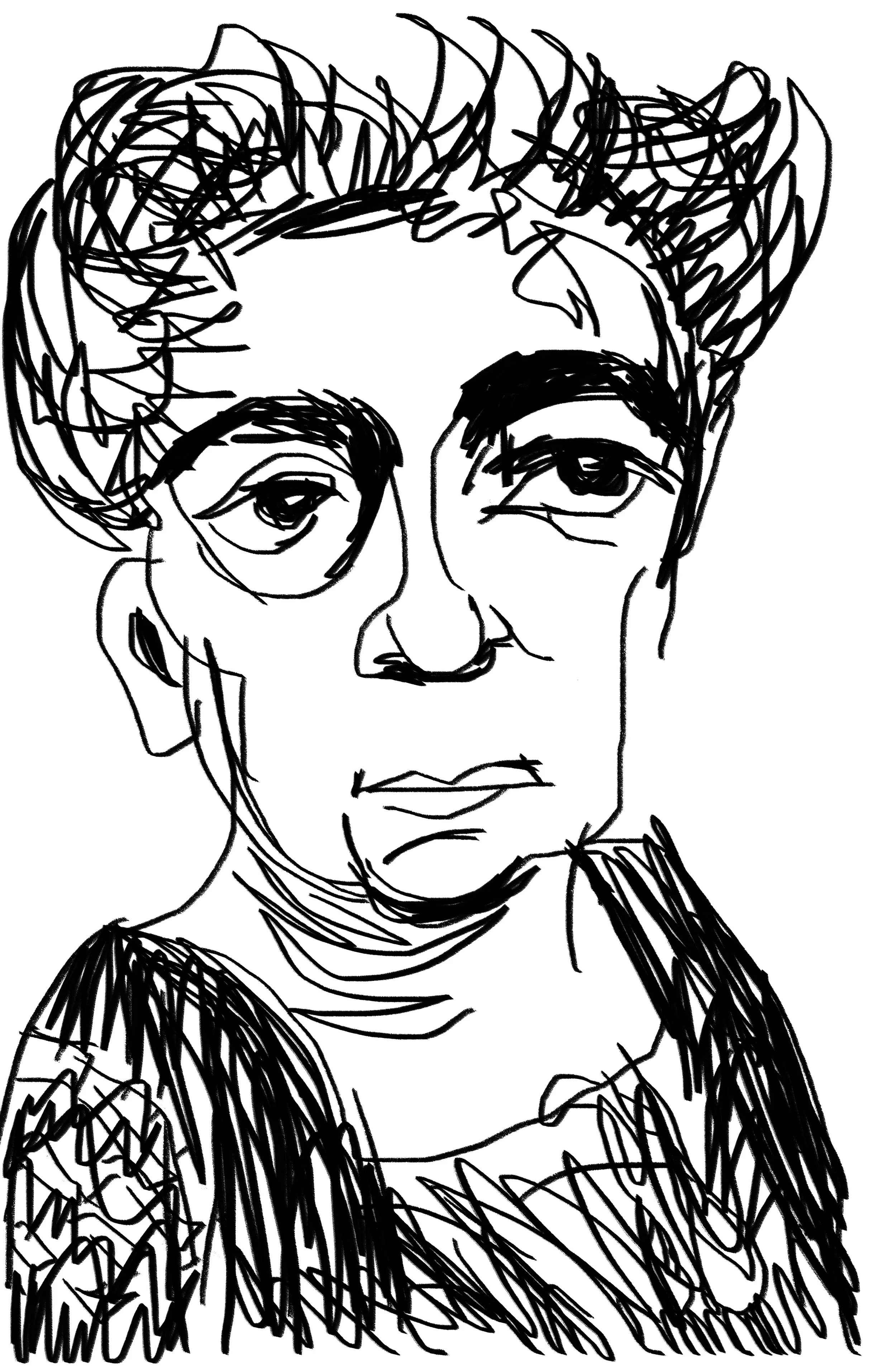 Black and white sketch of a woman with short, wavy hair, glasses, and wearing a jacket.